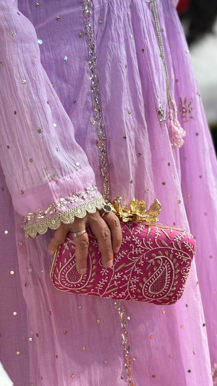 Pink Ameera Clutch With Lucknawi and Zari Emroidery