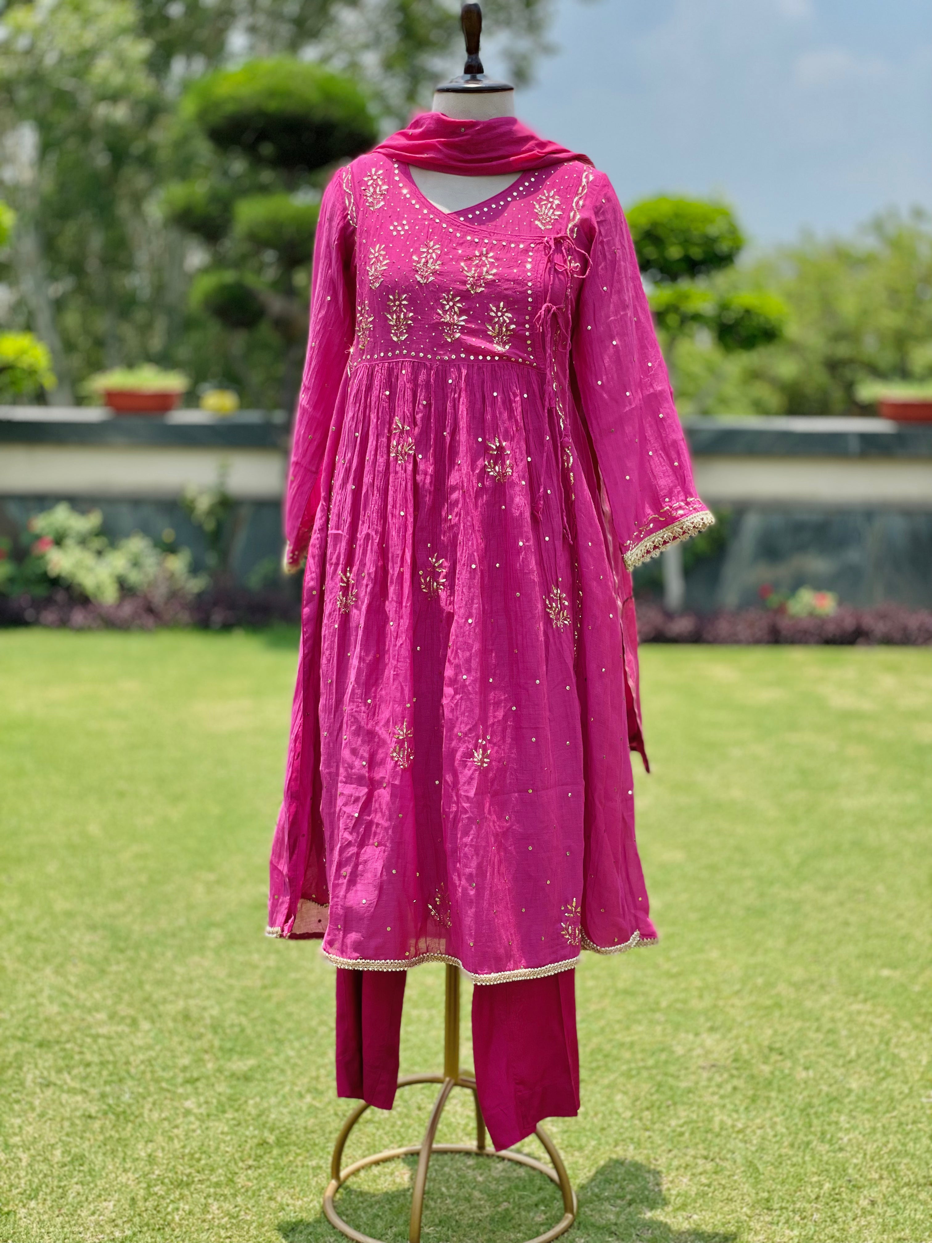 Magenta Haya Angarkha Dupatta Pant Set in Chanderi with Golden Pitta