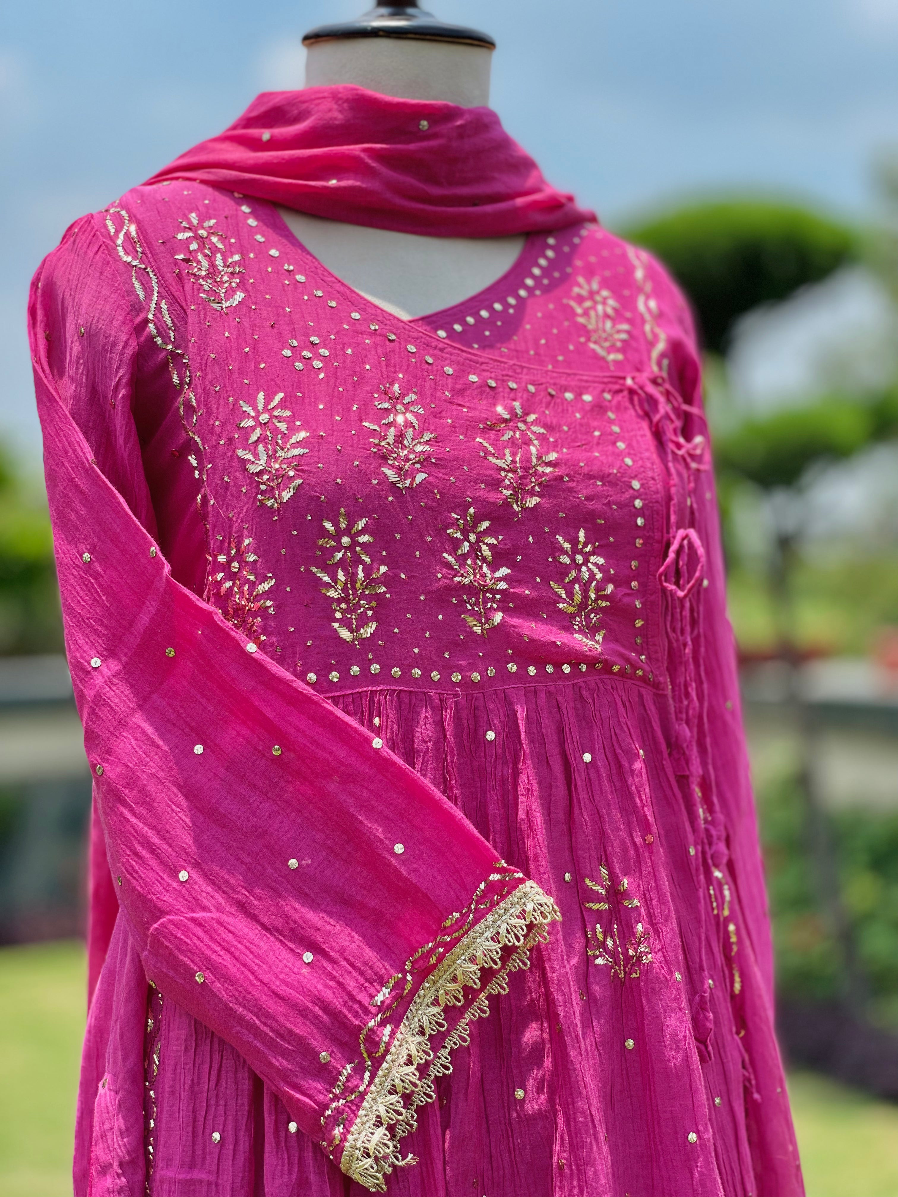 Magenta Haya Angarkha Dupatta Pant Set in Chanderi with Golden Pitta