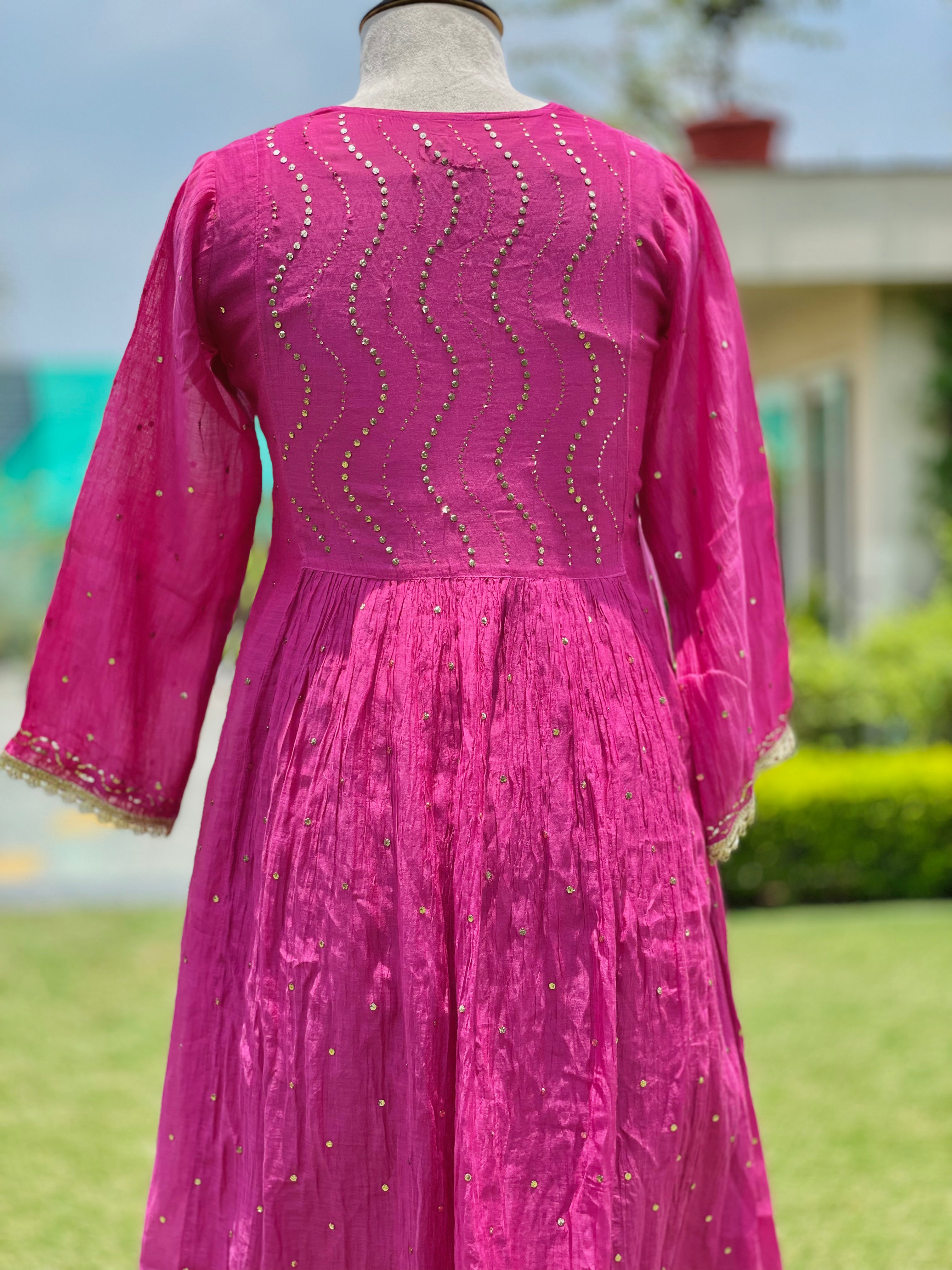 Magenta Haya Angarkha Dupatta Pant Set in Chanderi with Golden Pitta