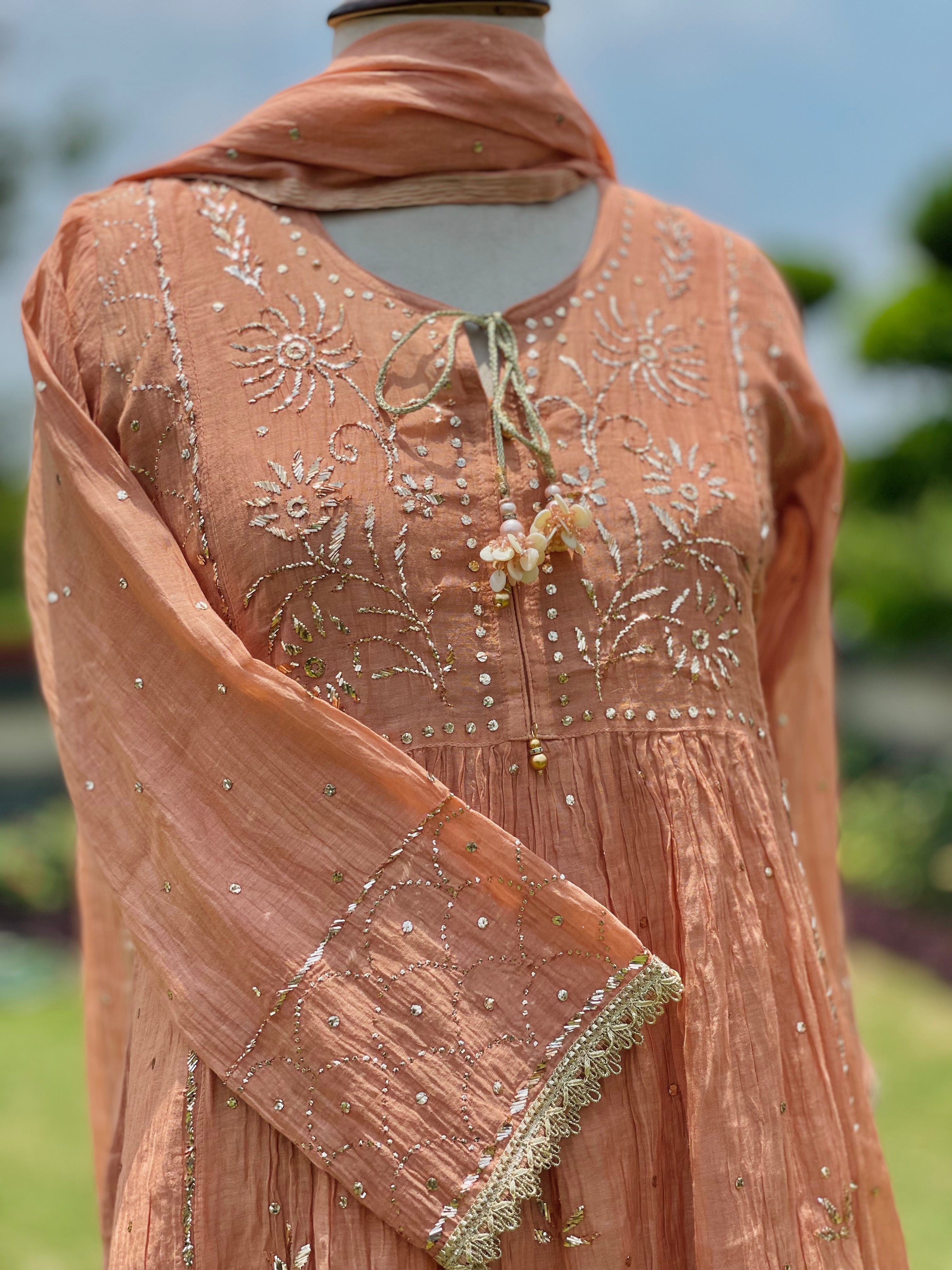Sand Haya Kurta Dupatta Pant Set in Chanderi with Golden Pitta