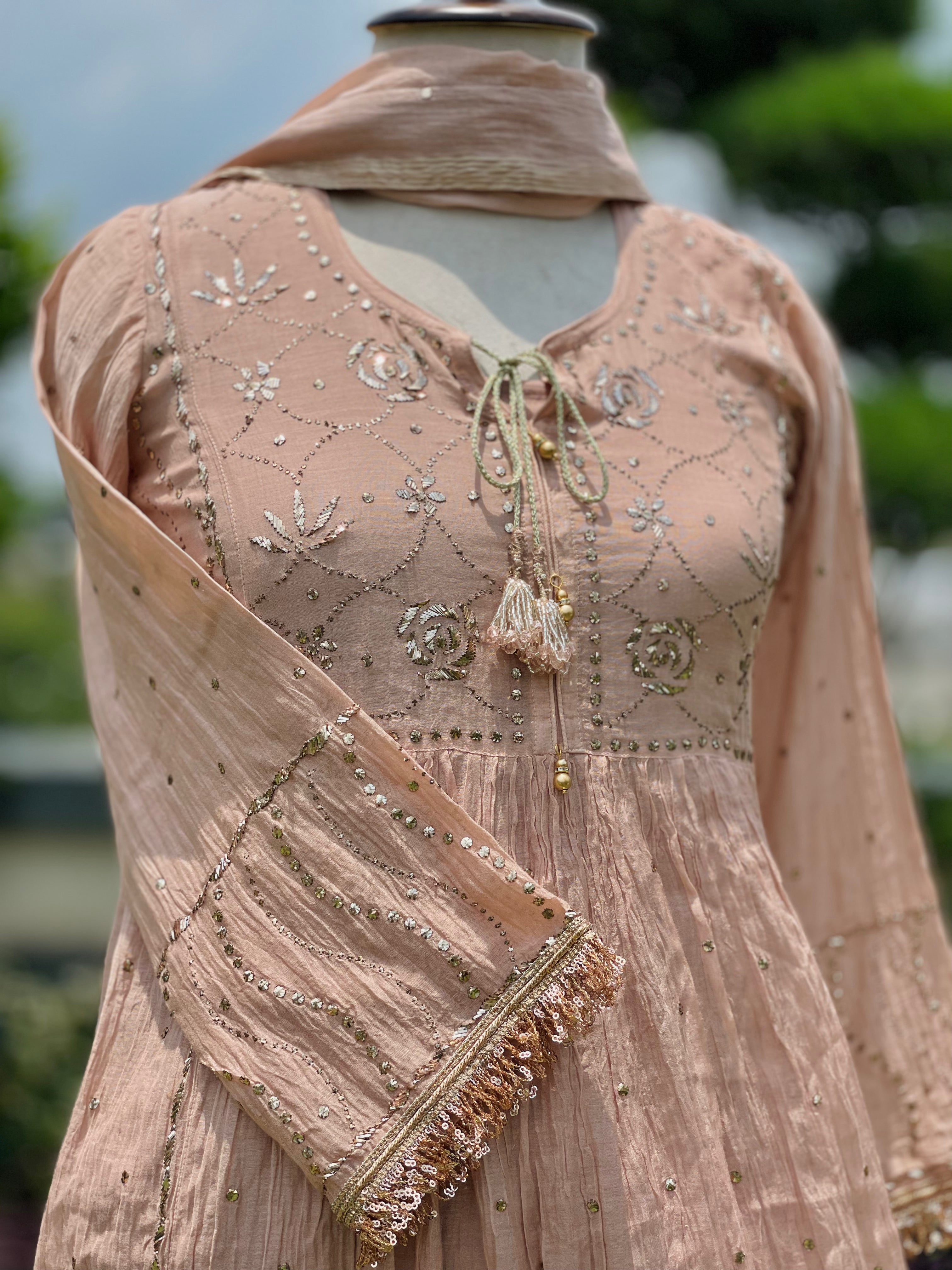 Nude Haya Kurta Dupatta Pant Set in Chanderi with Golden Pitta