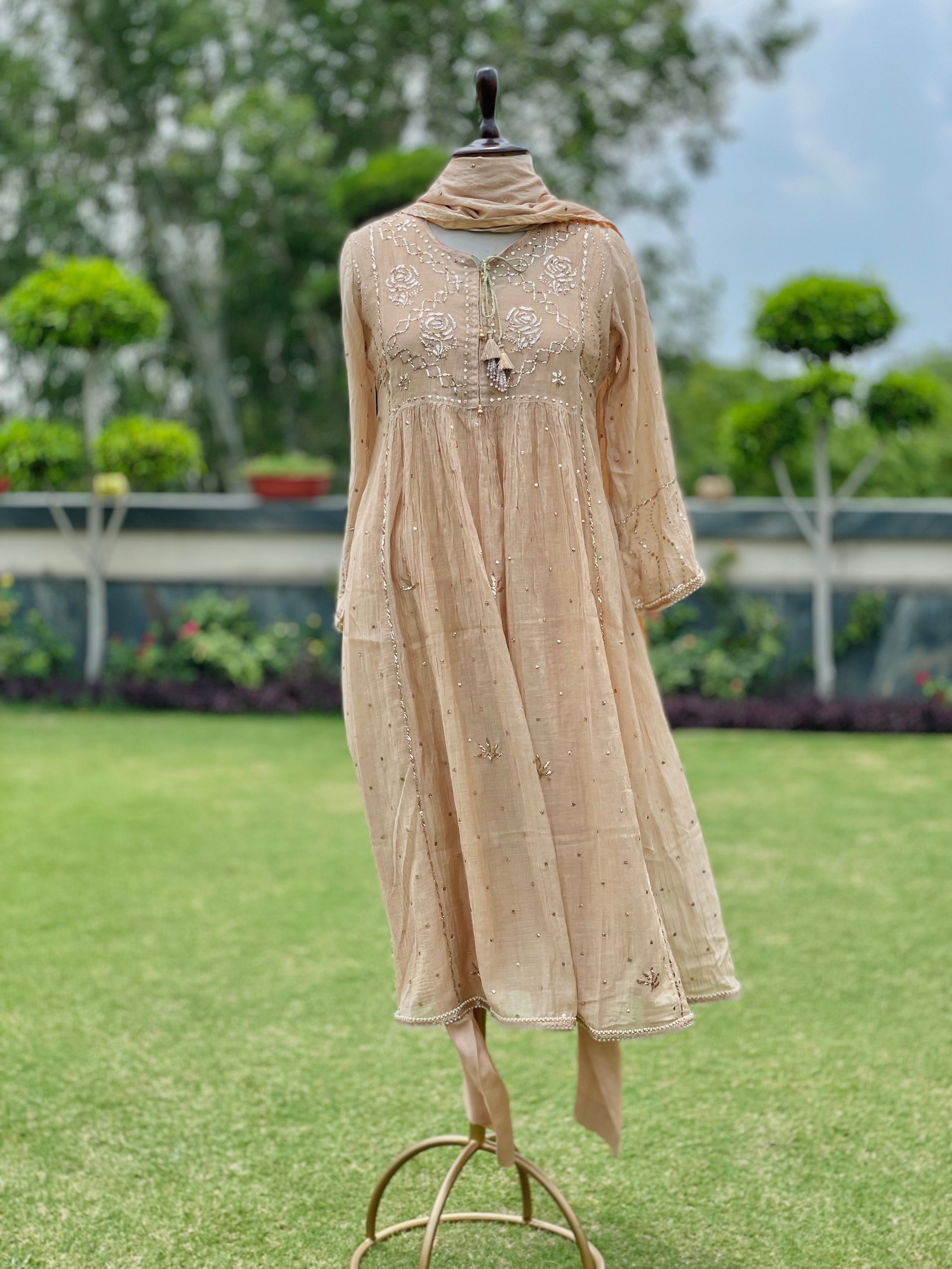 Beige Haya Kurta Dupatta Pant Set in Chanderi with Golden Pitta
