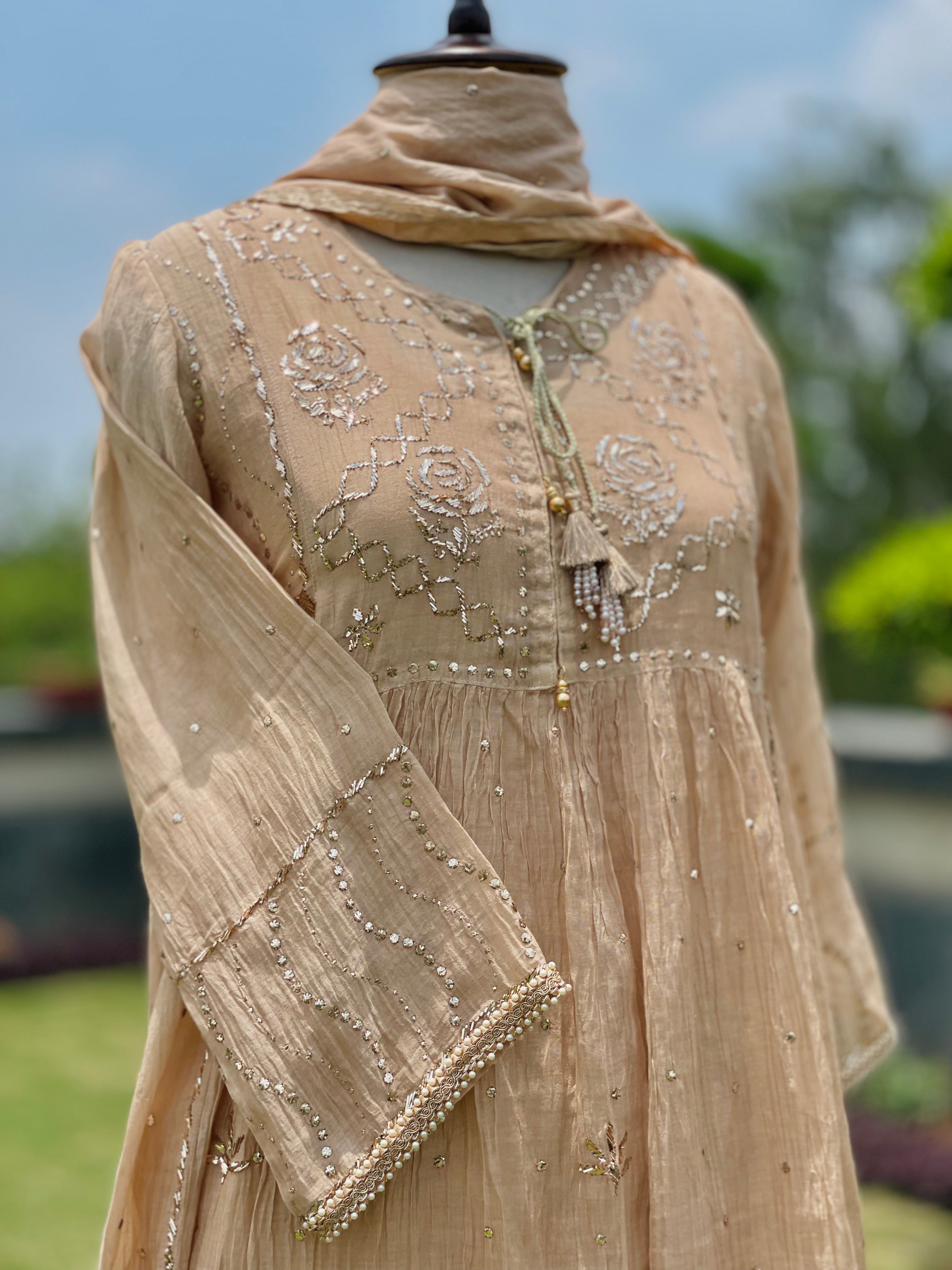 Beige Haya Kurta Dupatta Pant Set in Chanderi with Golden Pitta
