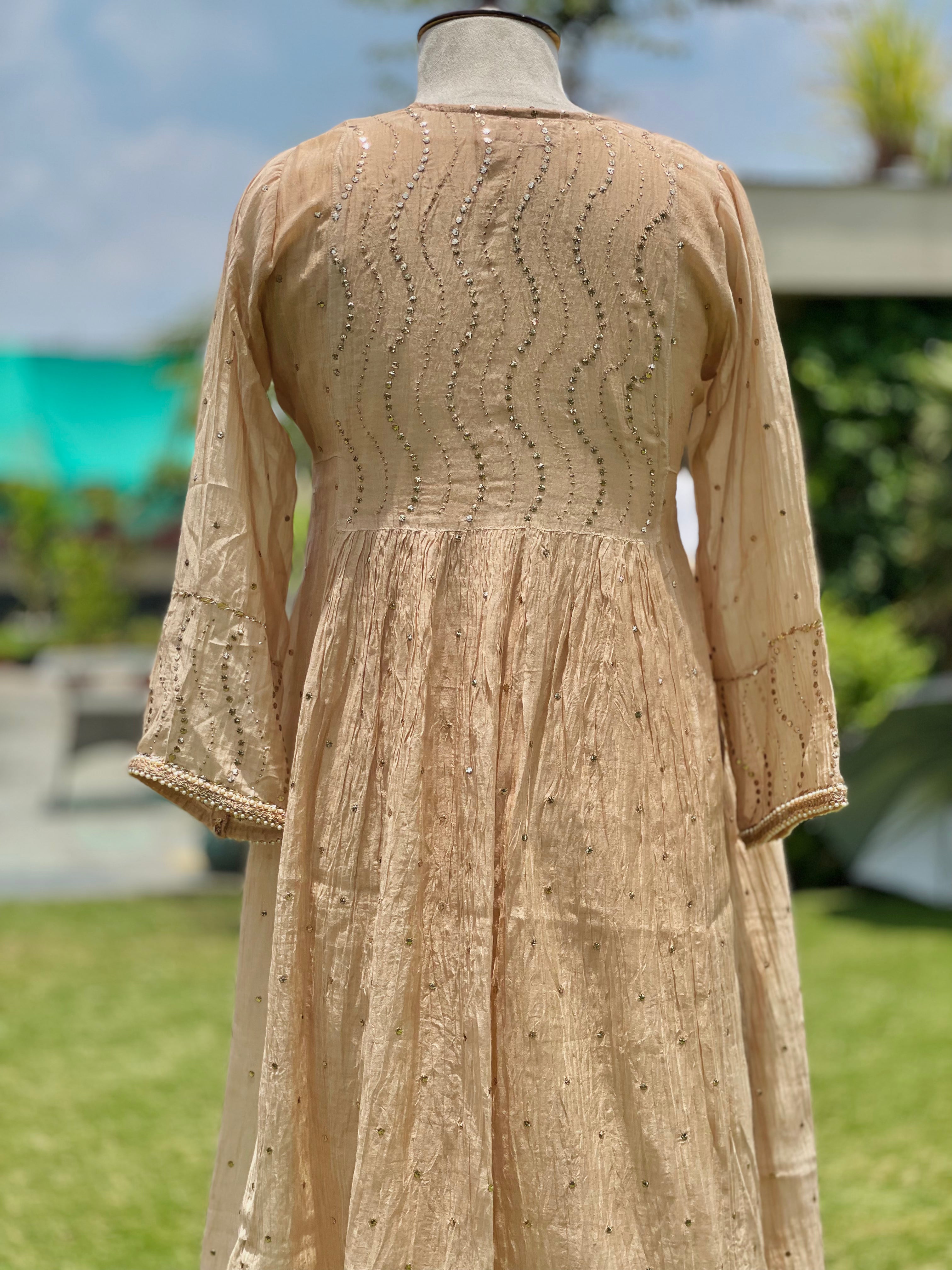 Beige Haya Kurta Dupatta Pant Set in Chanderi with Golden Pitta