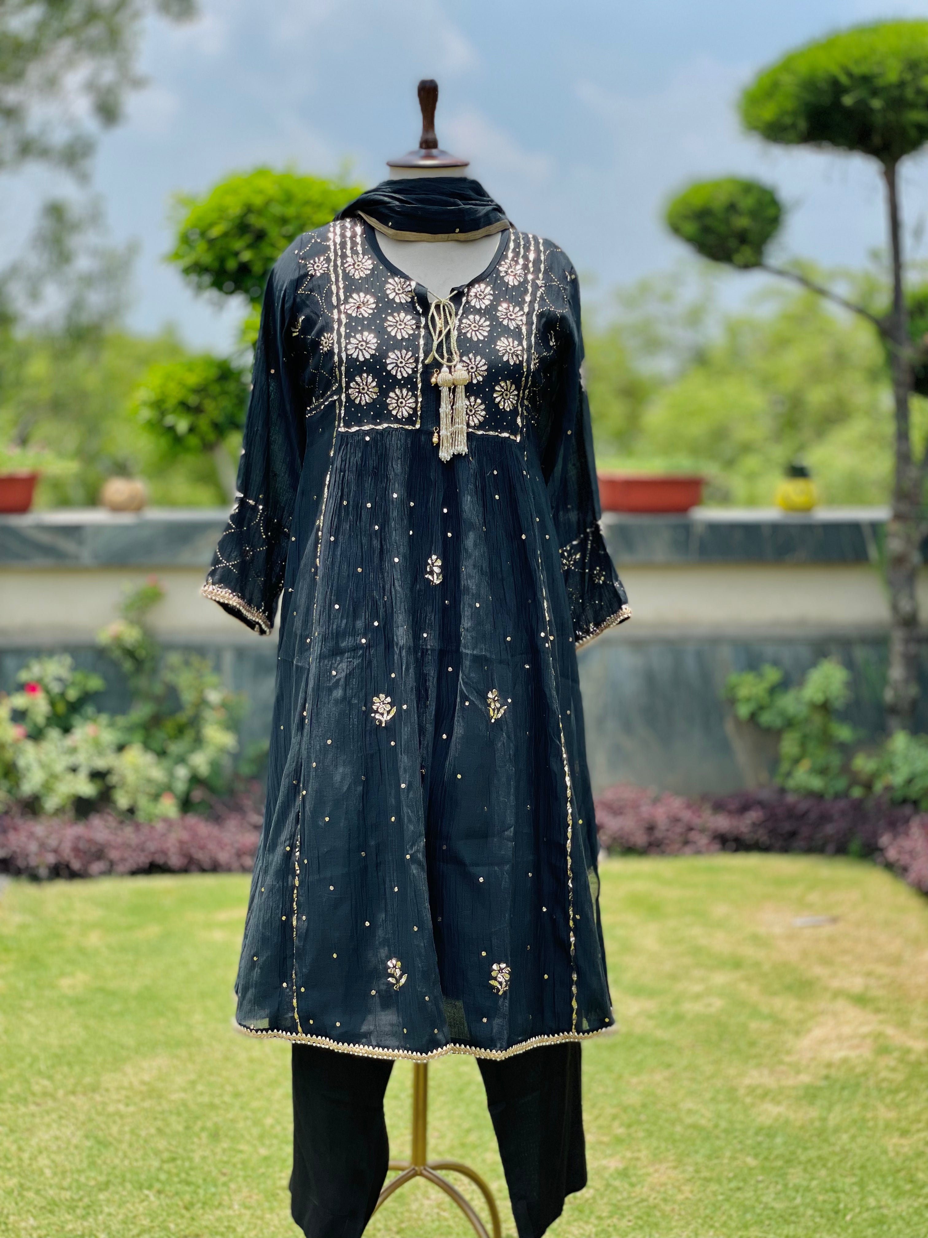 Black Haya Kurta Dupatta Pant Set in Chanderi with Golden Pitta