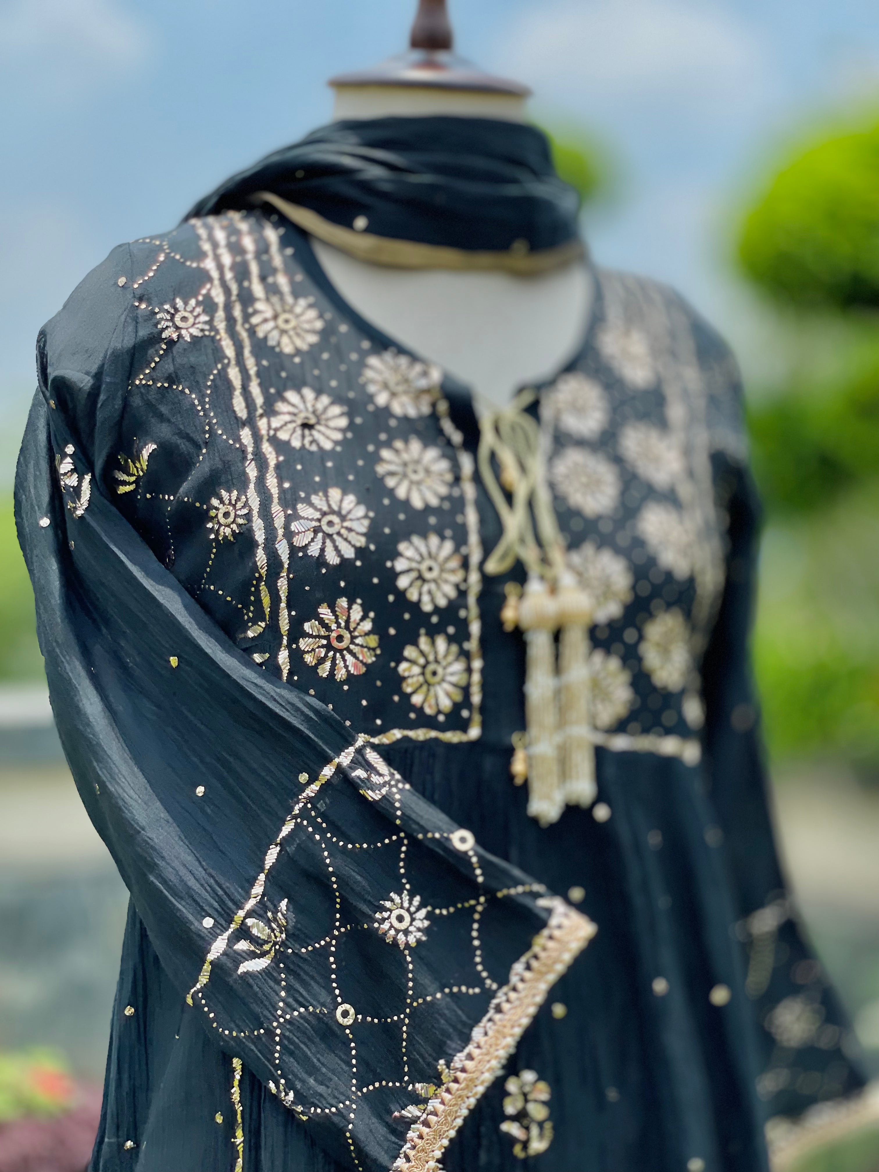 Black Haya Kurta Dupatta Pant Set in Chanderi with Golden Pitta