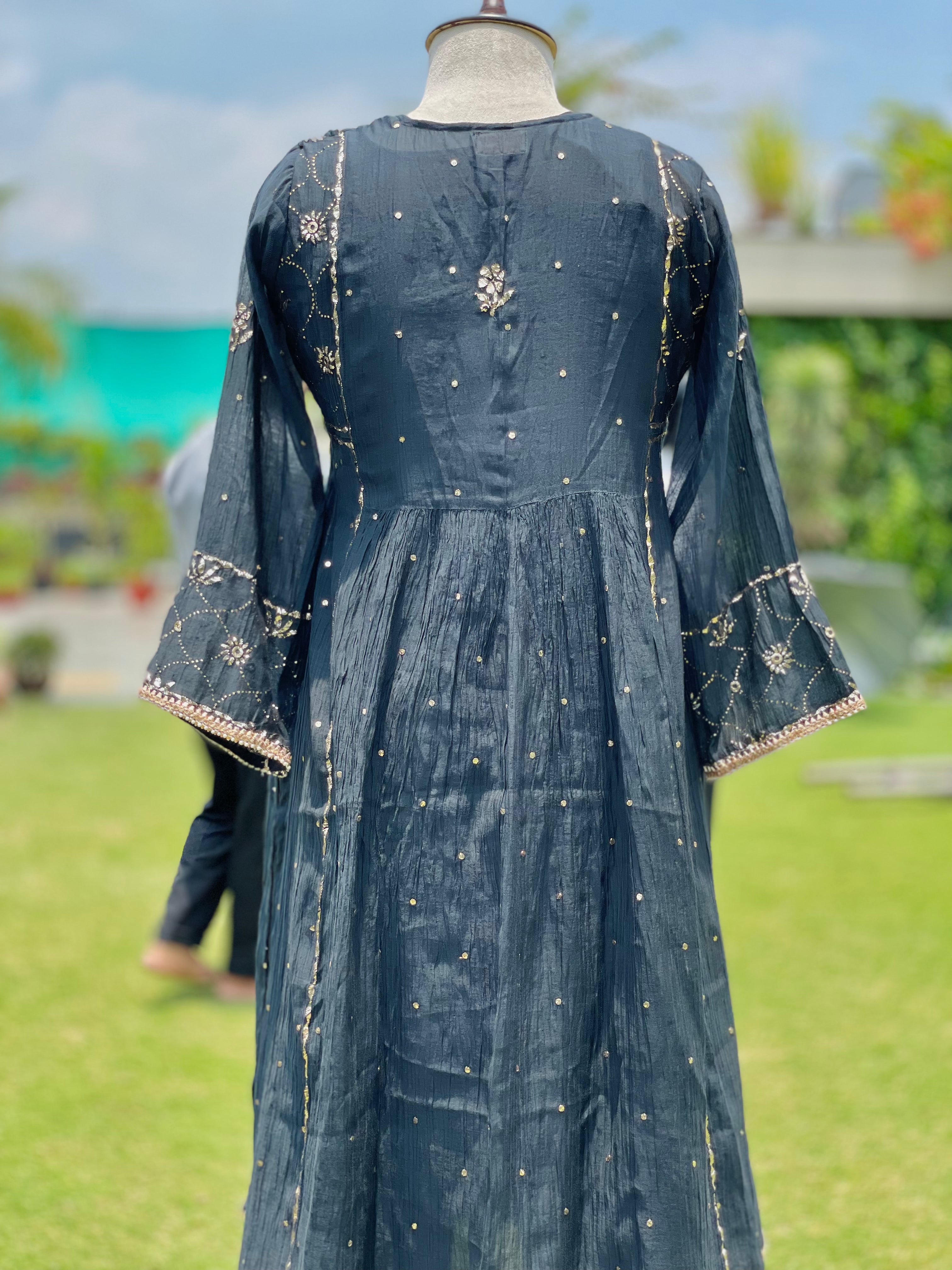 Black Haya Kurta Dupatta Pant Set in Chanderi with Golden Pitta