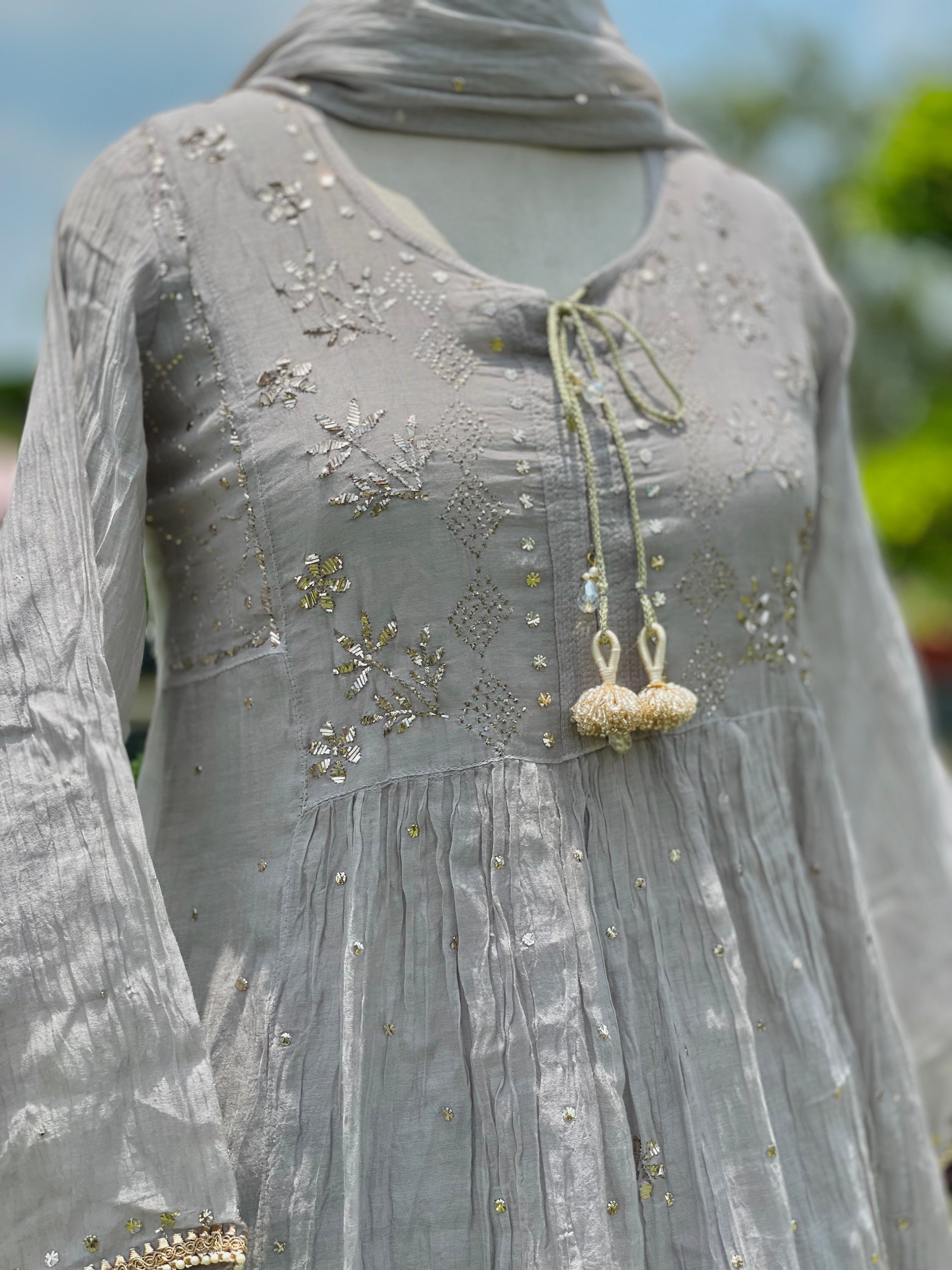 Light Grey Haya Kurta Dupatta Pant Set in Chanderi with Golden Pitta