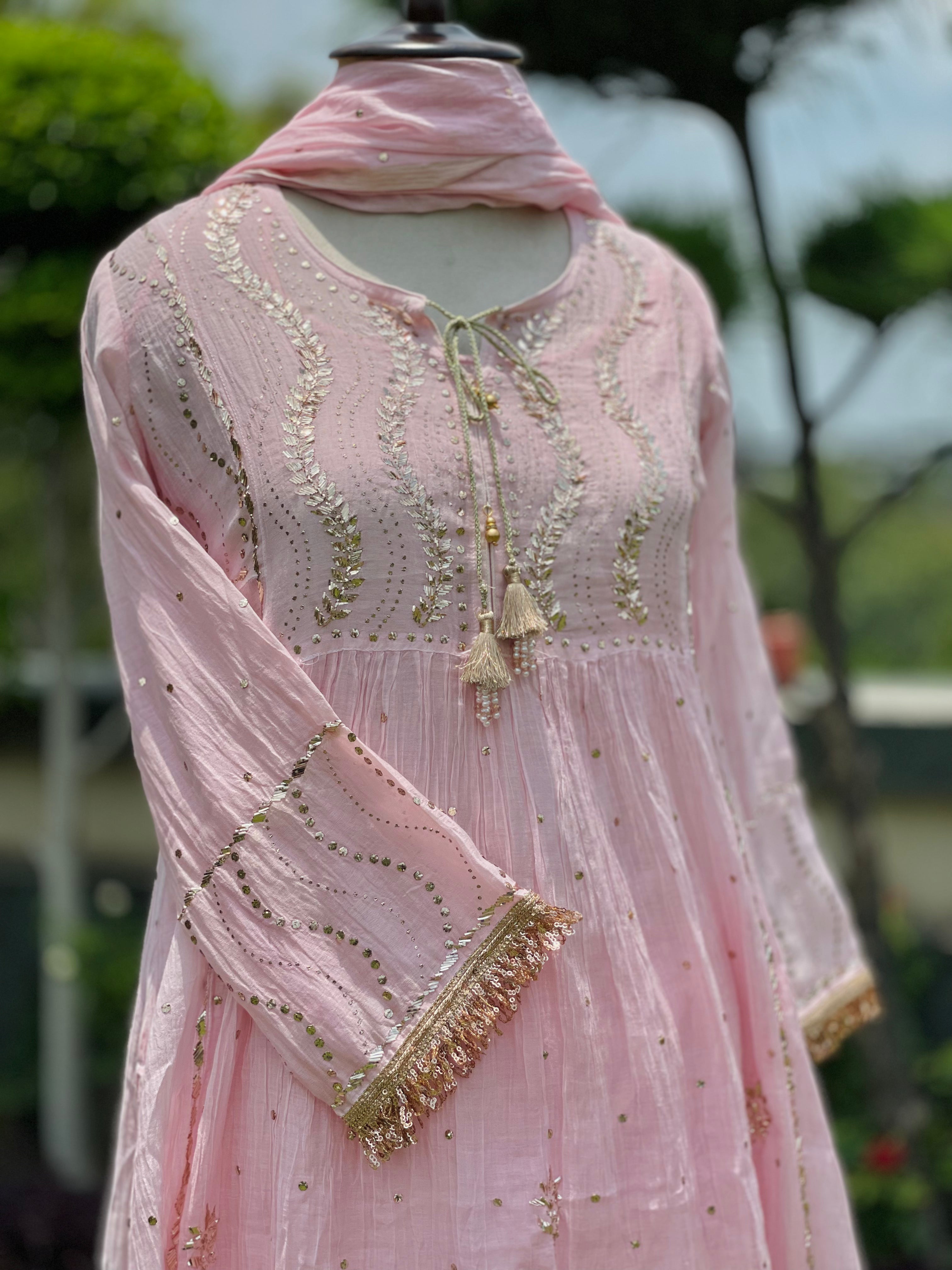 Baby Pink Haya Kurta Dupatta Pant Set in Chanderi with Golden Pitta