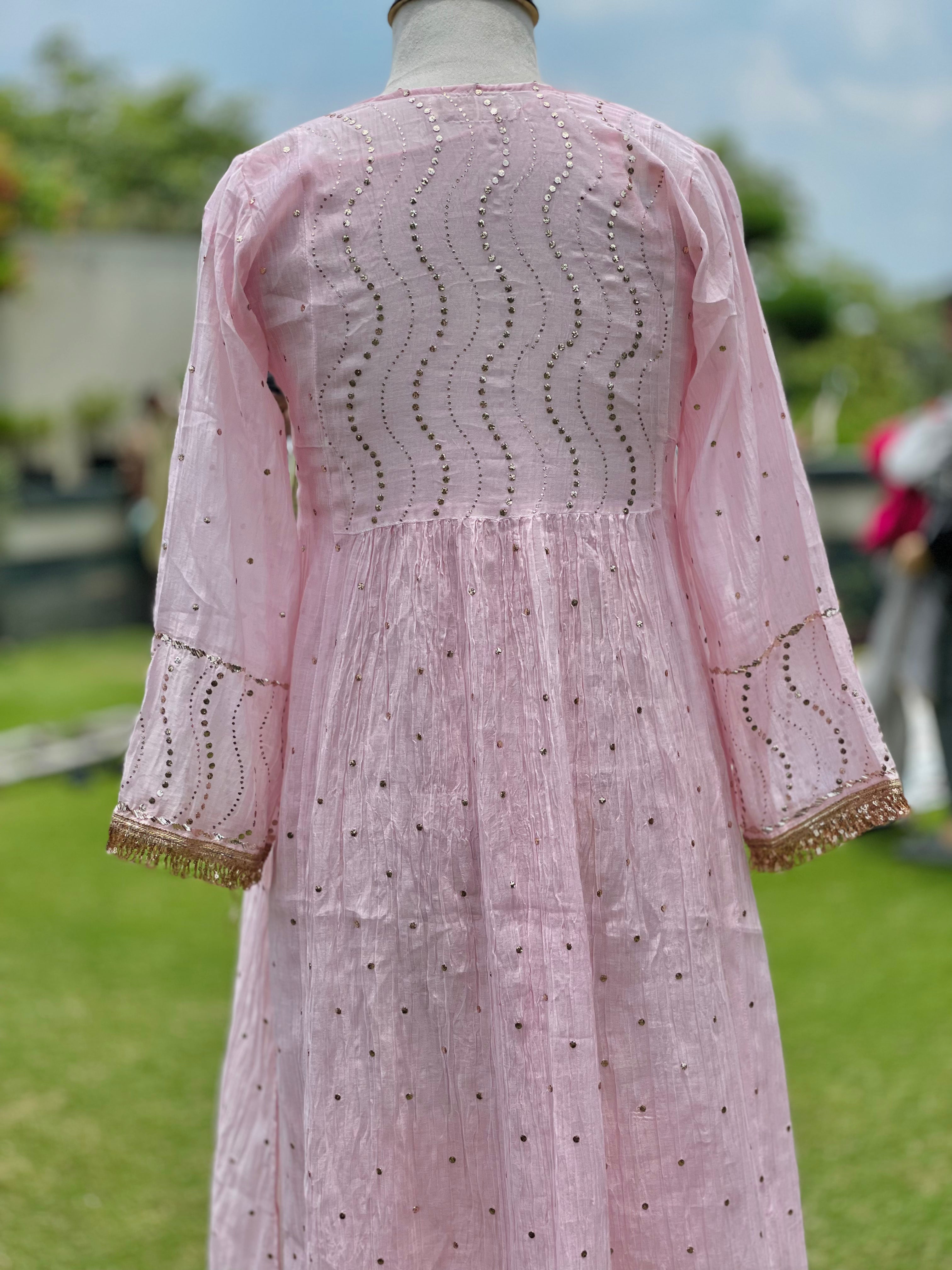 Baby Pink Haya Kurta Dupatta Pant Set in Chanderi with Golden Pitta