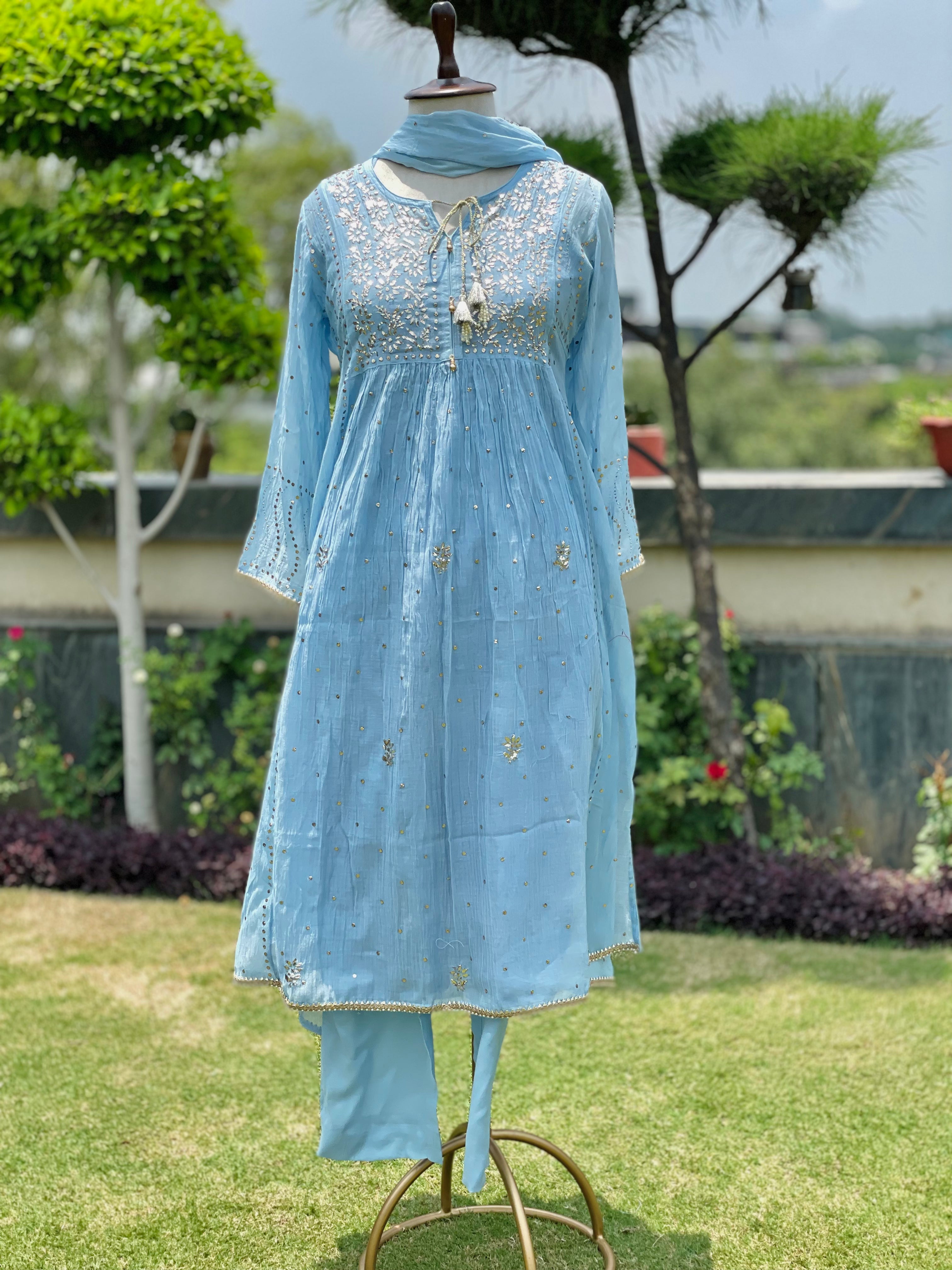 Sky Blue Haya Kurta Dupatta Pant Set in Chanderi with Golden Pitta