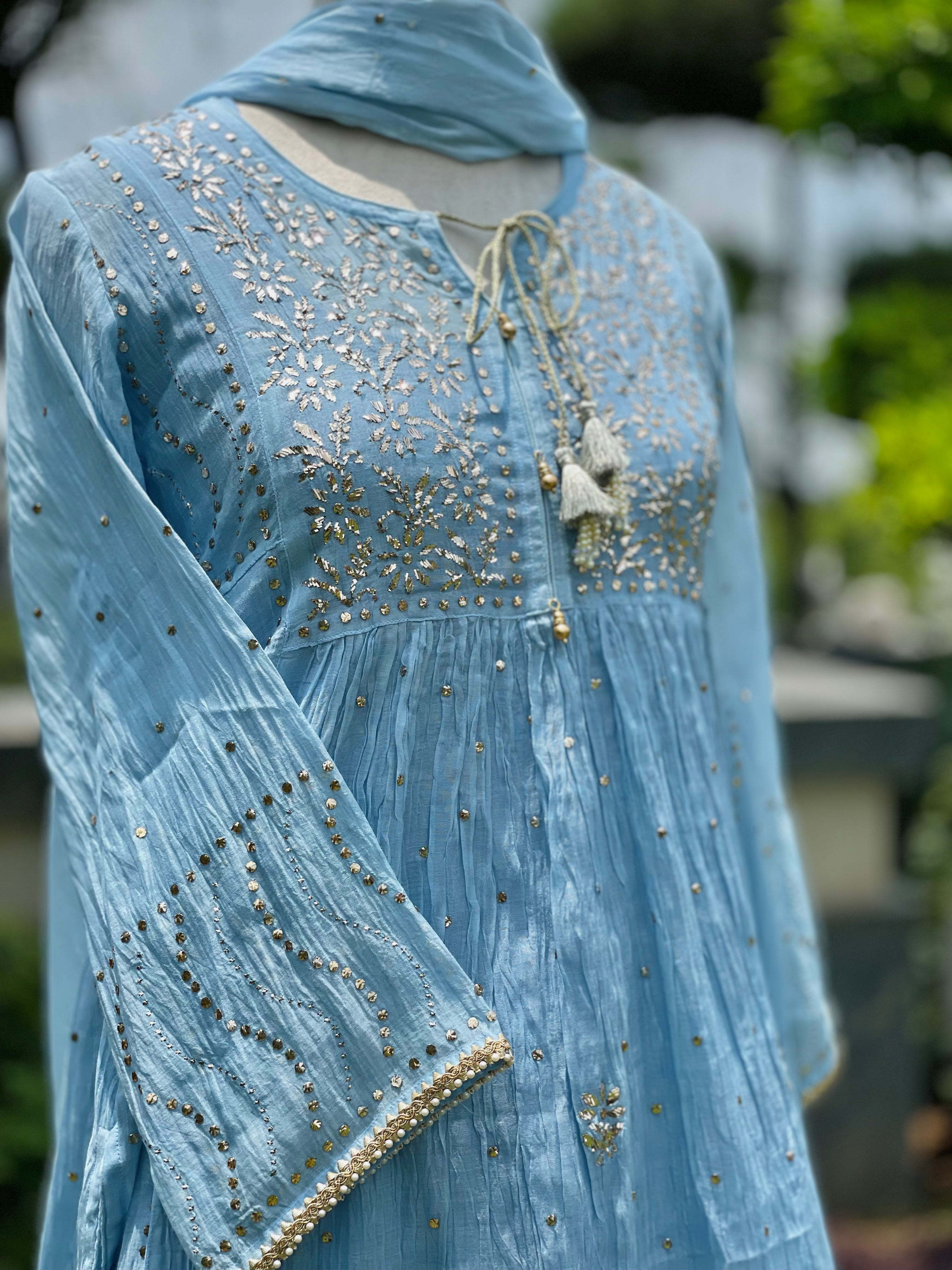 Sky Blue Haya Kurta Dupatta Pant Set in Chanderi with Golden Pitta