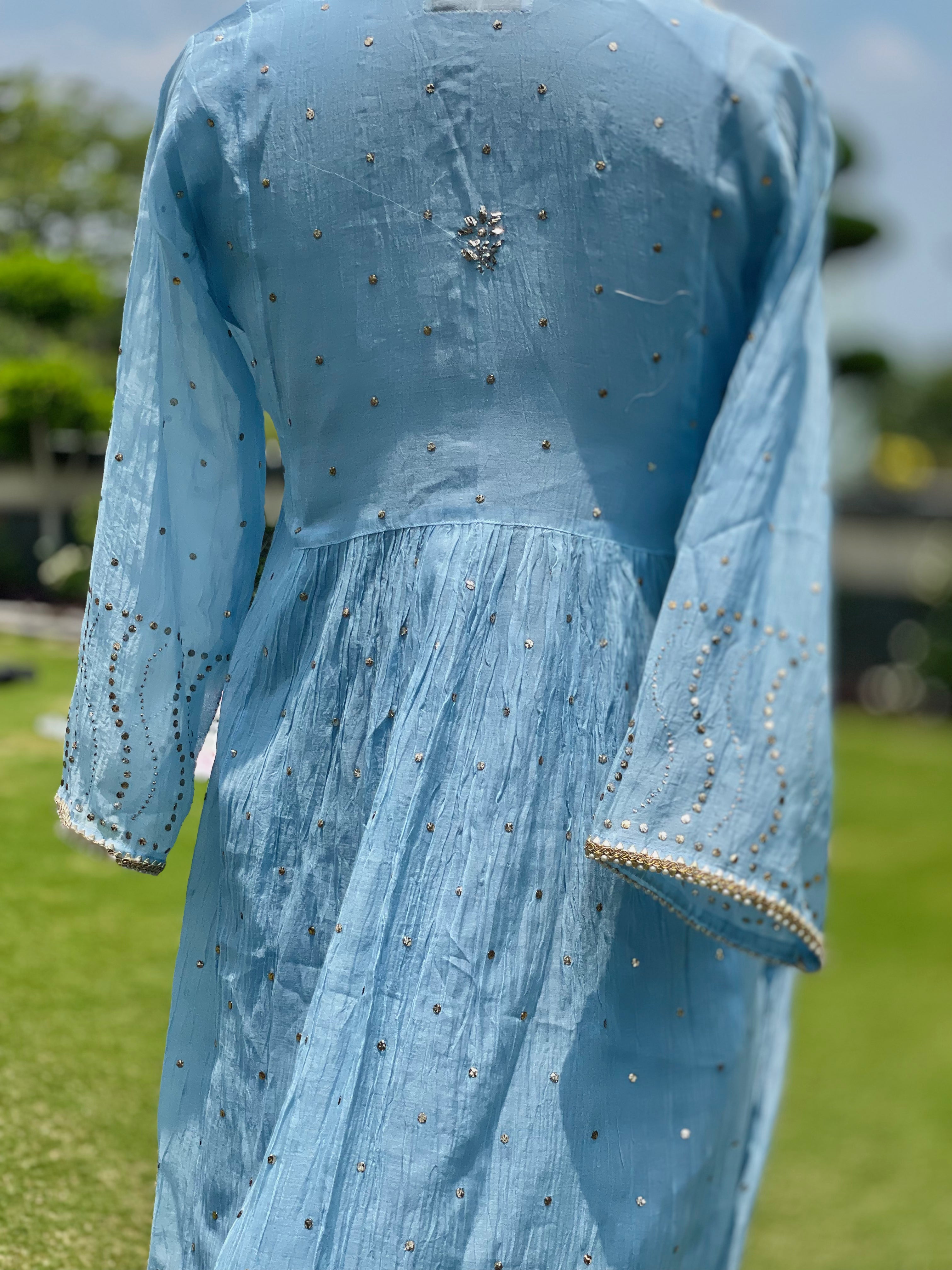 Sky Blue Haya Kurta Dupatta Pant Set in Chanderi with Golden Pitta