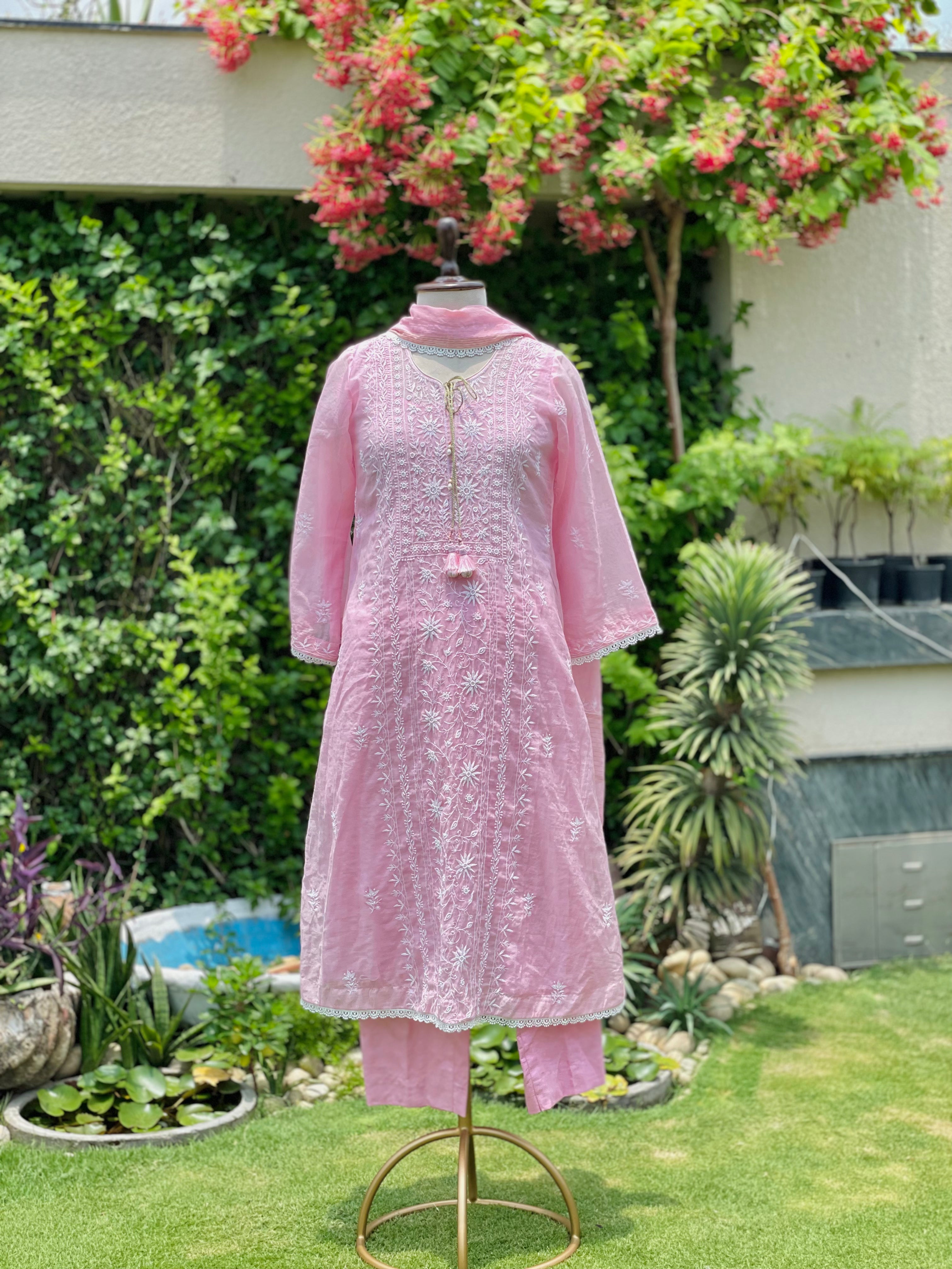Pink Mul Chanderi Gulabo Kurta Pant Dupatta with Moti Cutdana
