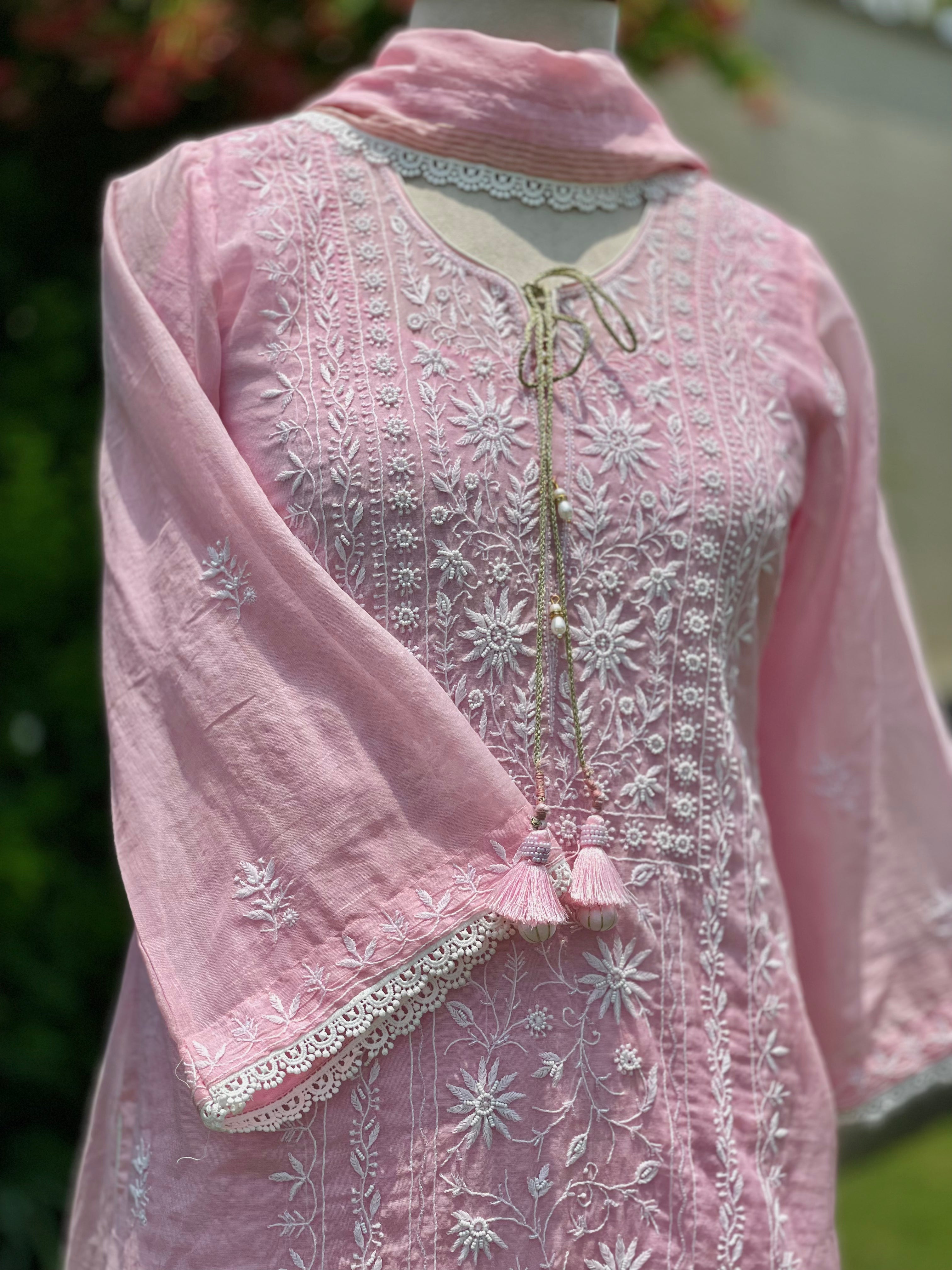 Pink Mul Chanderi Gulabo Kurta Pant Dupatta with Moti Cutdana
