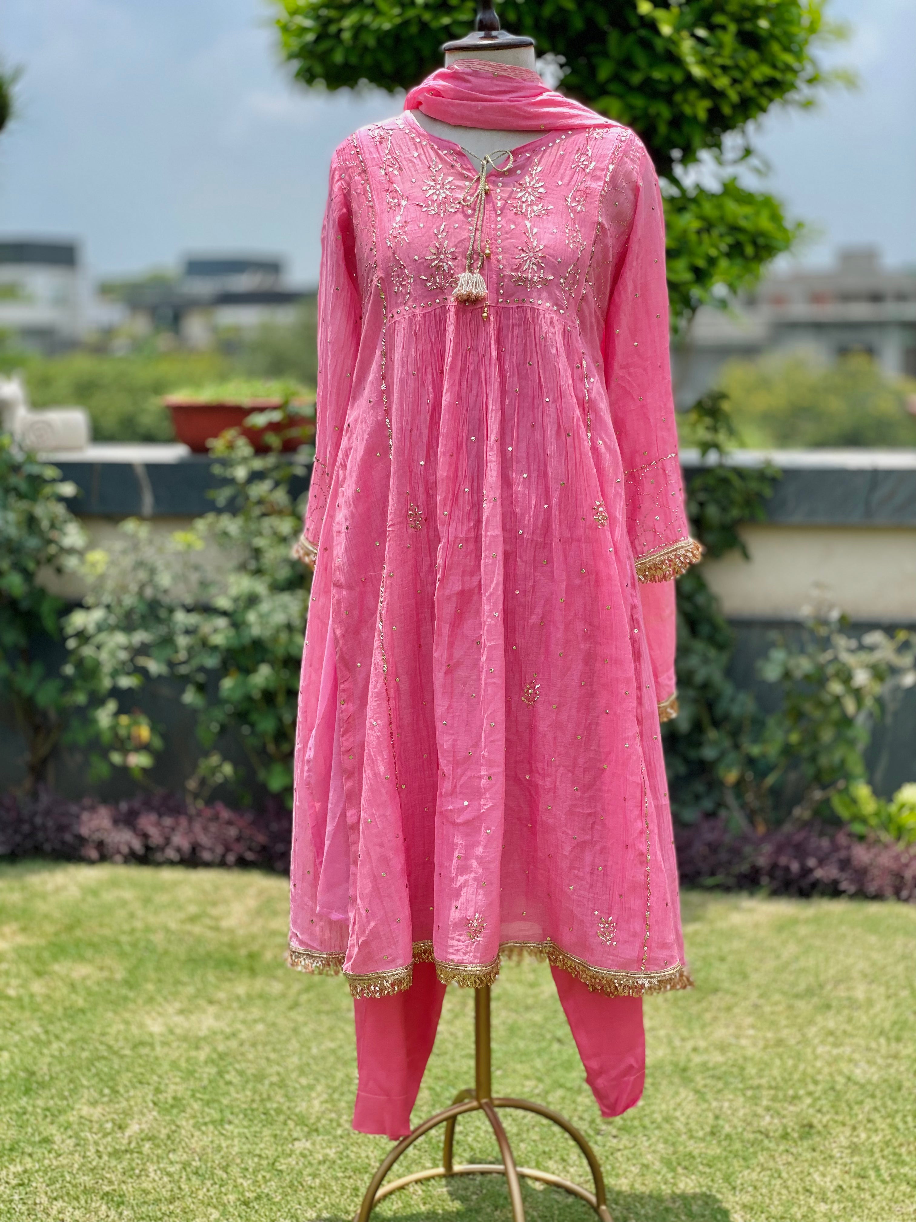 Candy Pink Haya Kurta Dupatta Pant Set in Chanderi with Golden Pitta