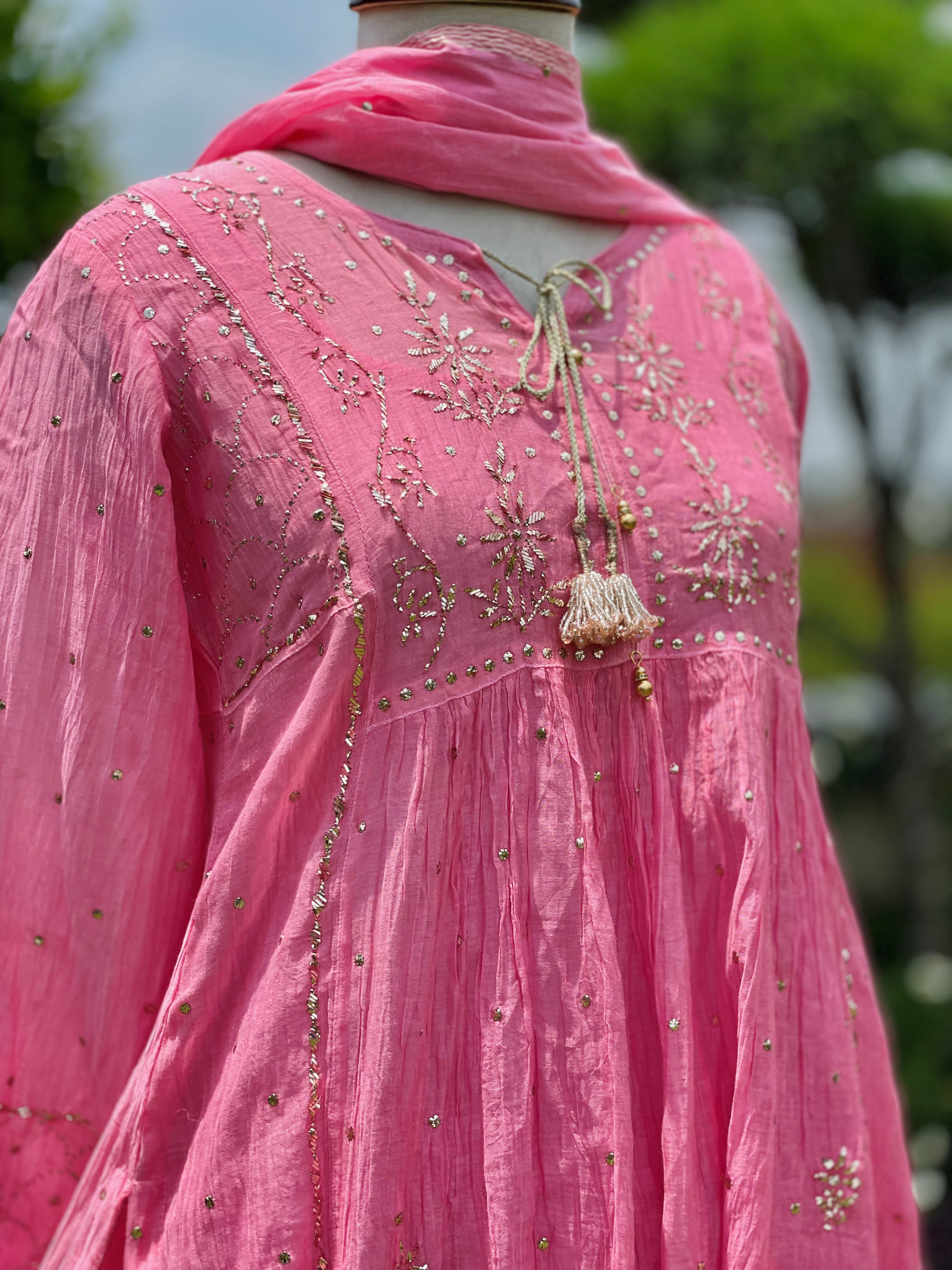 Candy Pink Haya Kurta Dupatta Pant Set in Chanderi with Golden Pitta