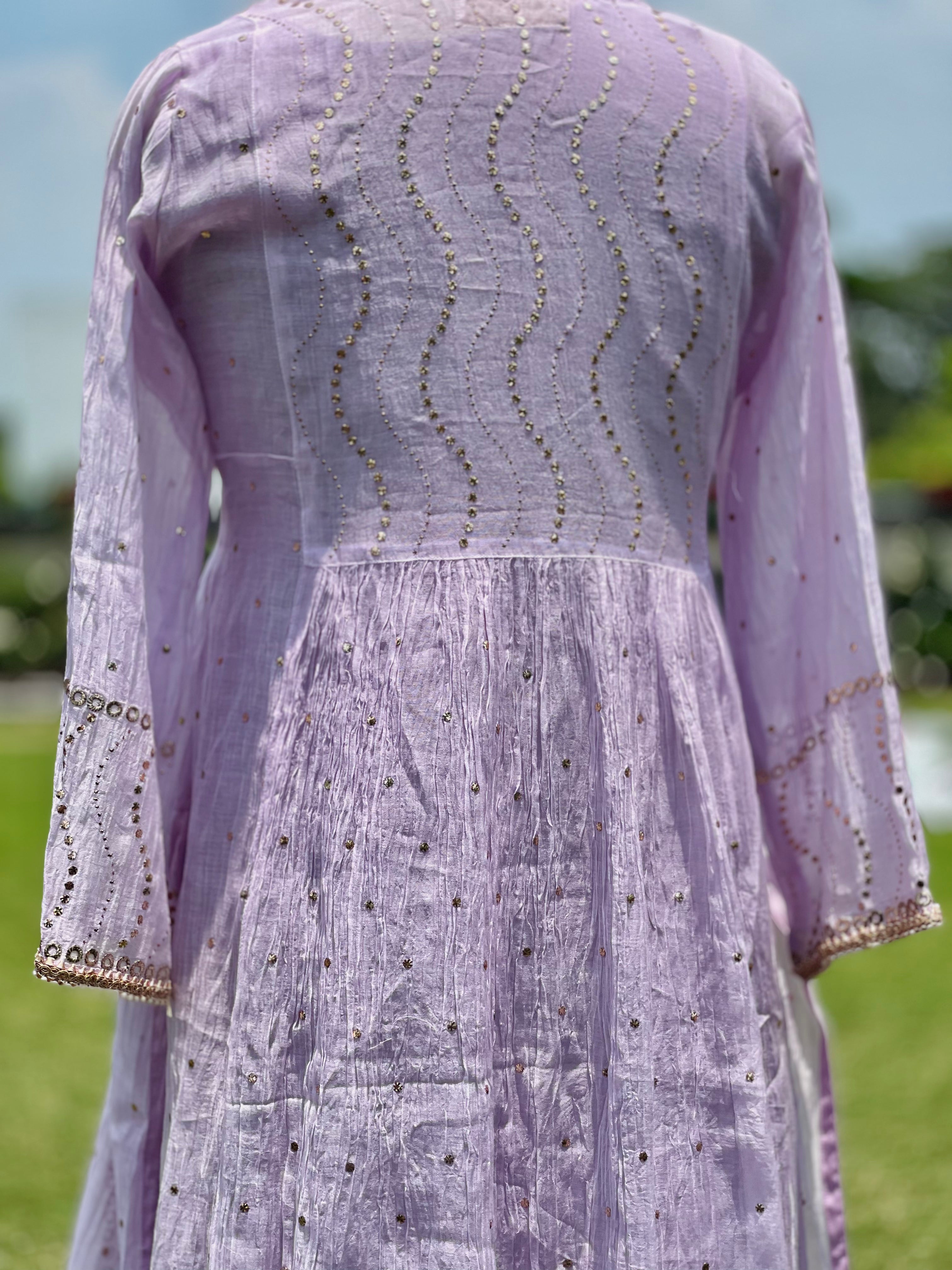 Lilac Haya Kurta Dupatta Pant Set in Chanderi with Golden Pitta