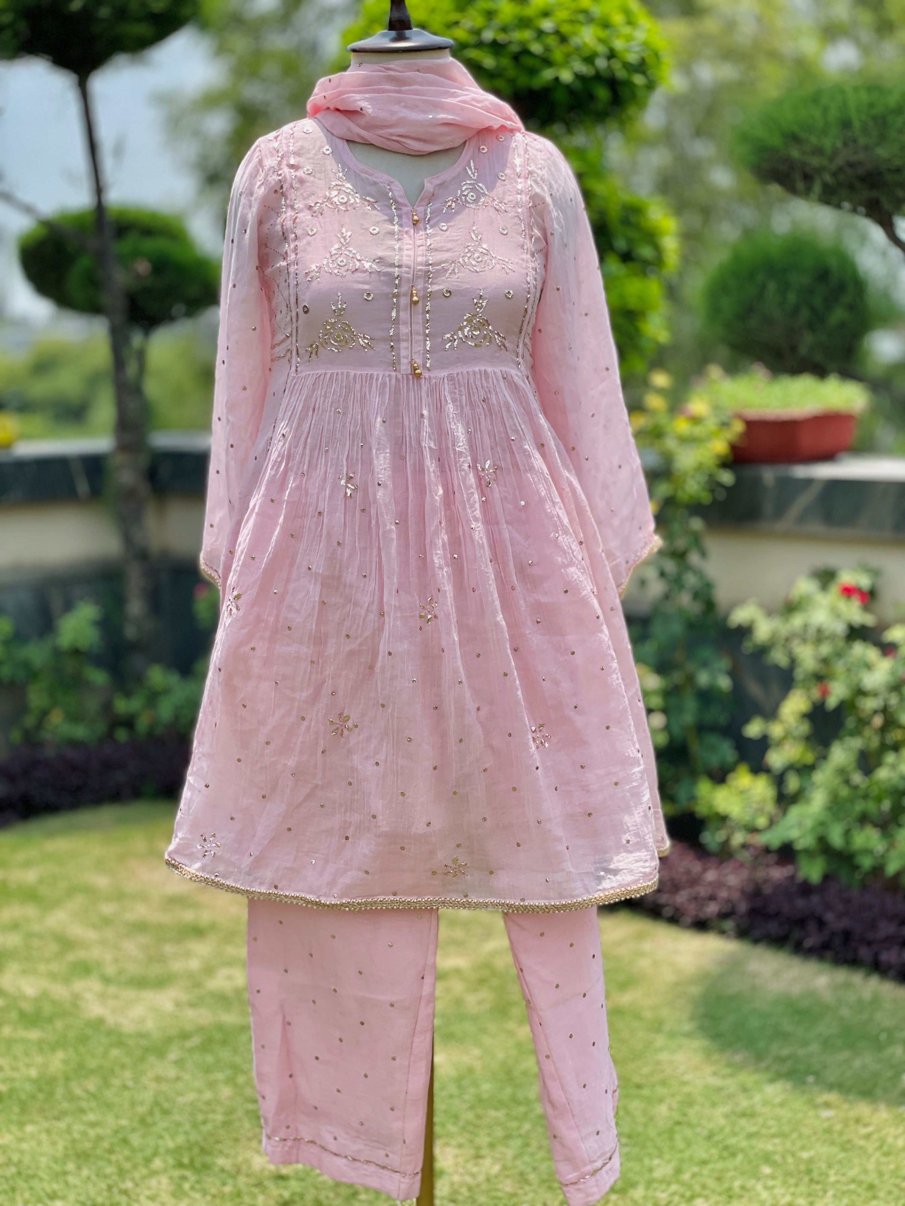 Ice Pink Haya Kurta Dupatta Pant Set in Chanderi with Golden Pitta