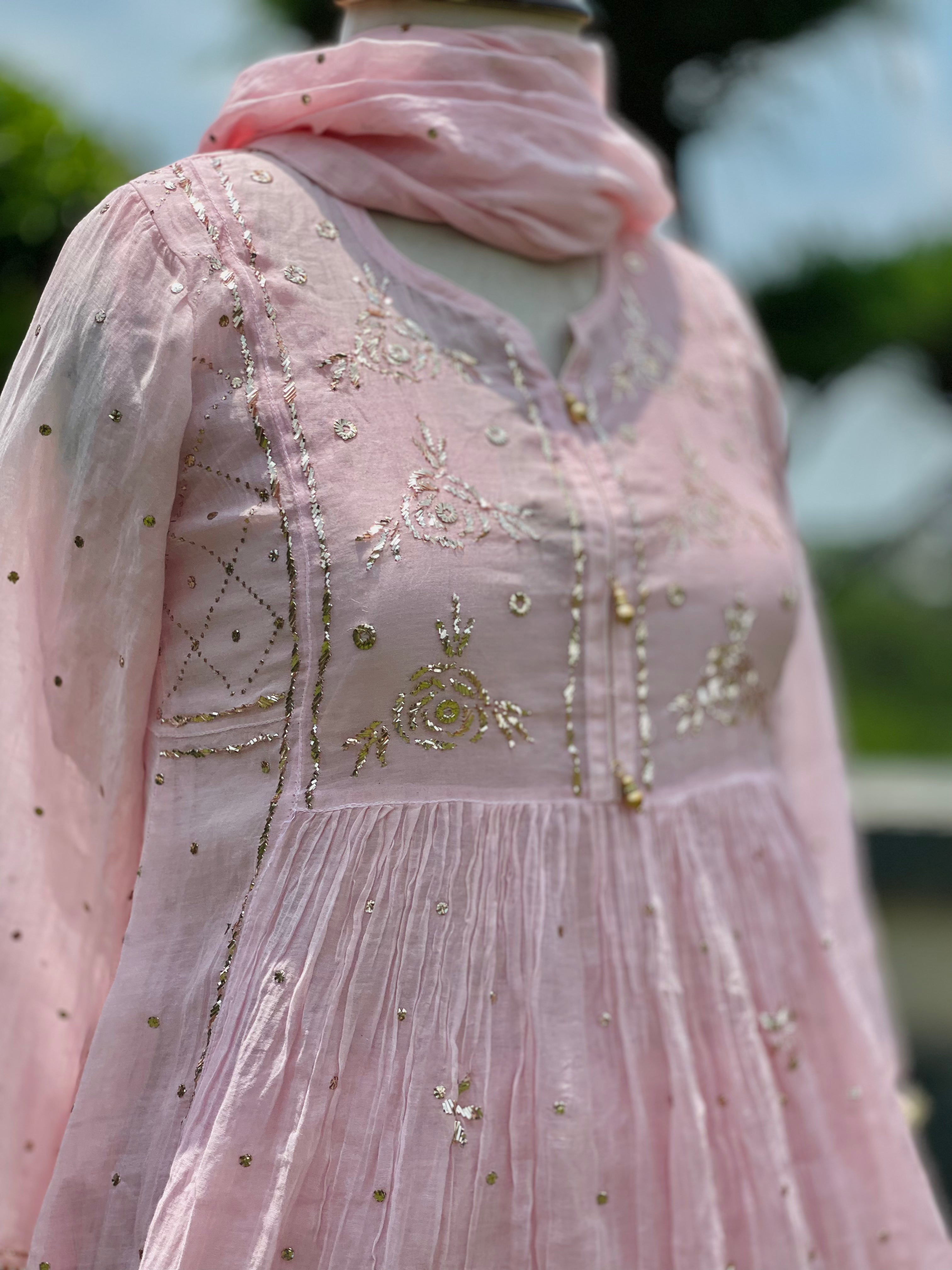 Ice Pink Haya Kurta Dupatta Pant Set in Chanderi with Golden Pitta