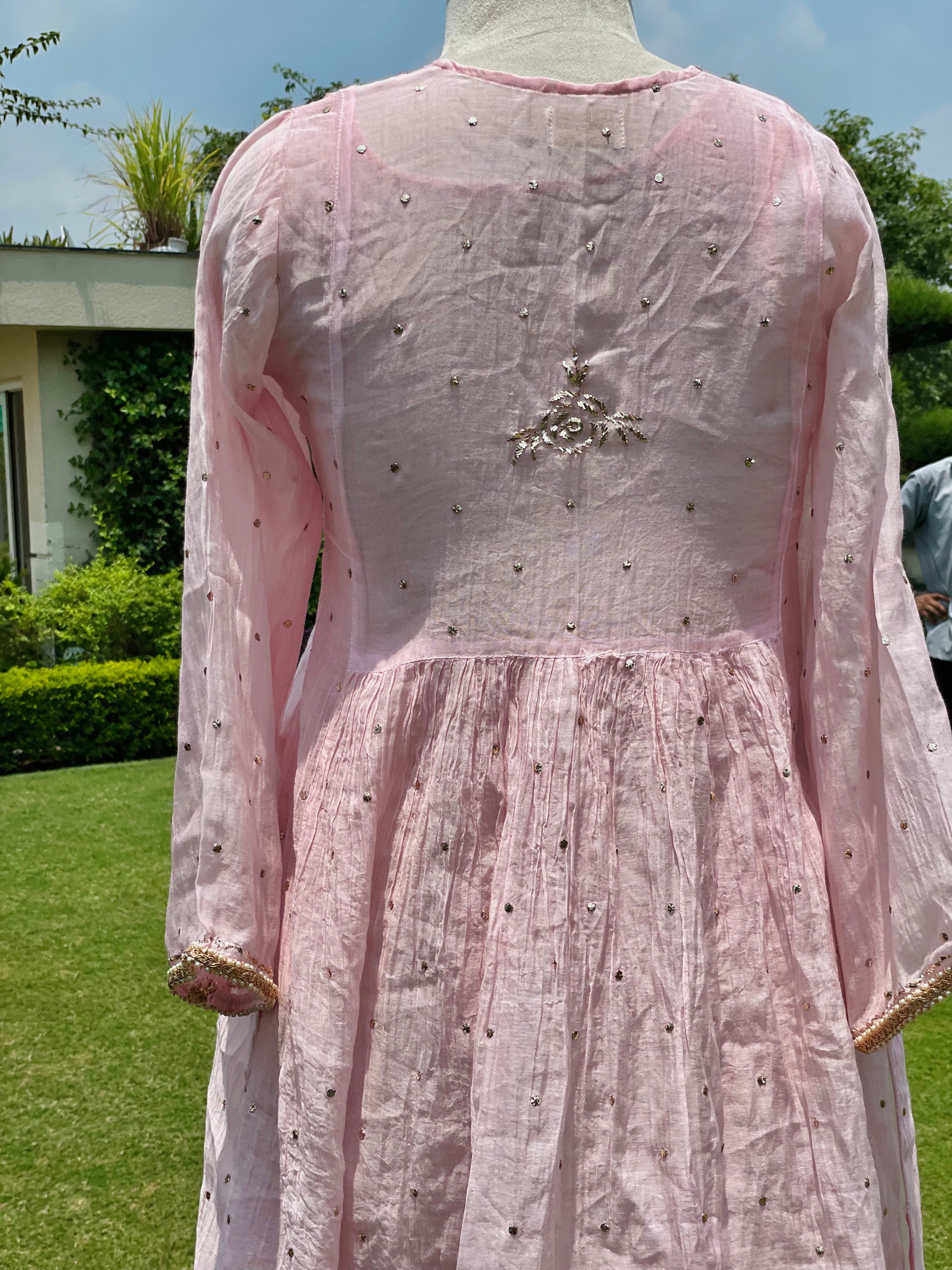 Ice Pink Haya Kurta Dupatta Pant Set in Chanderi with Golden Pitta