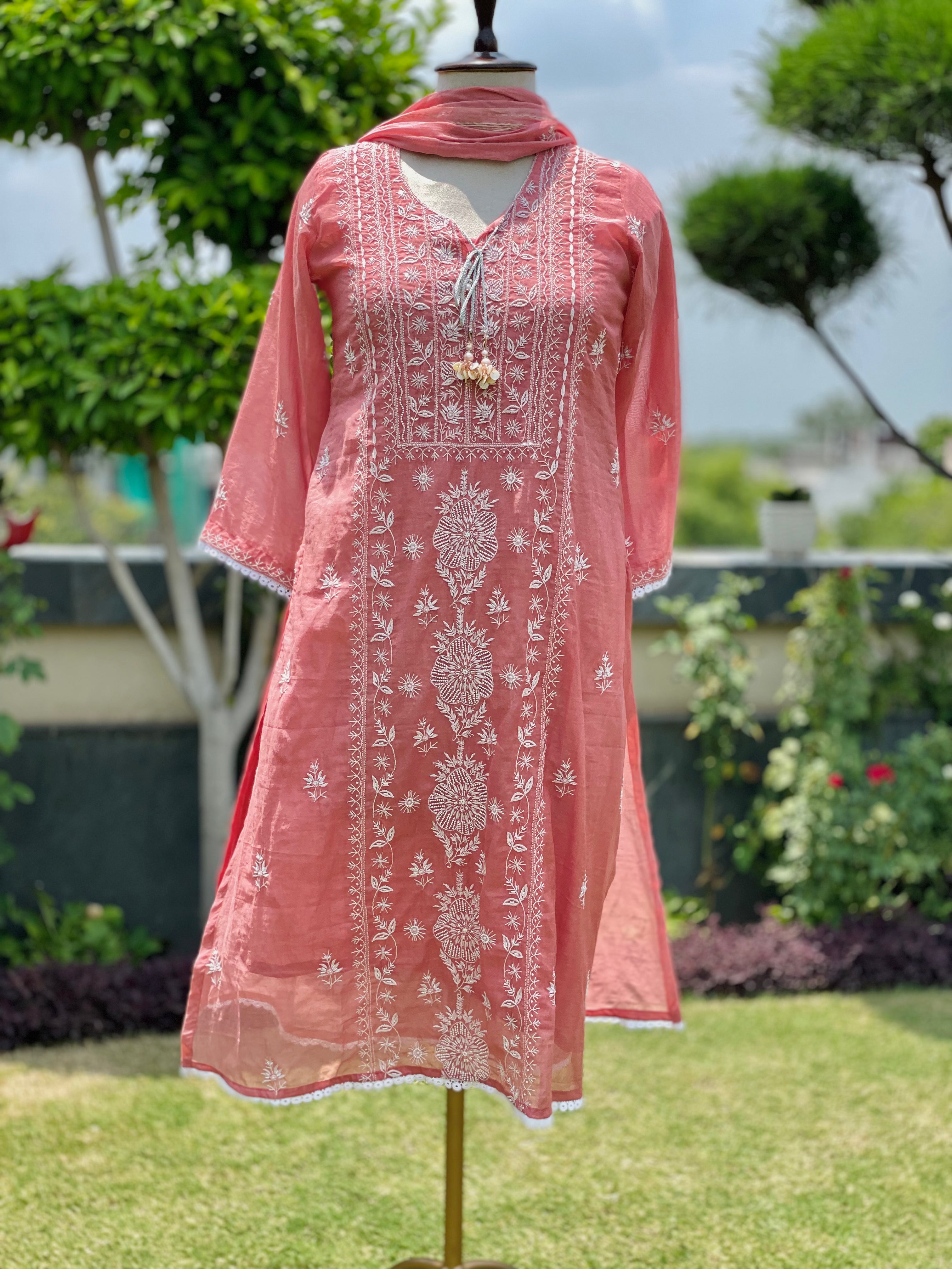Rosewood Pink Gulnaar Mul Chanderi Kurta Pant Duapatta Set with Ivory Embroidery & Moti Cutdana