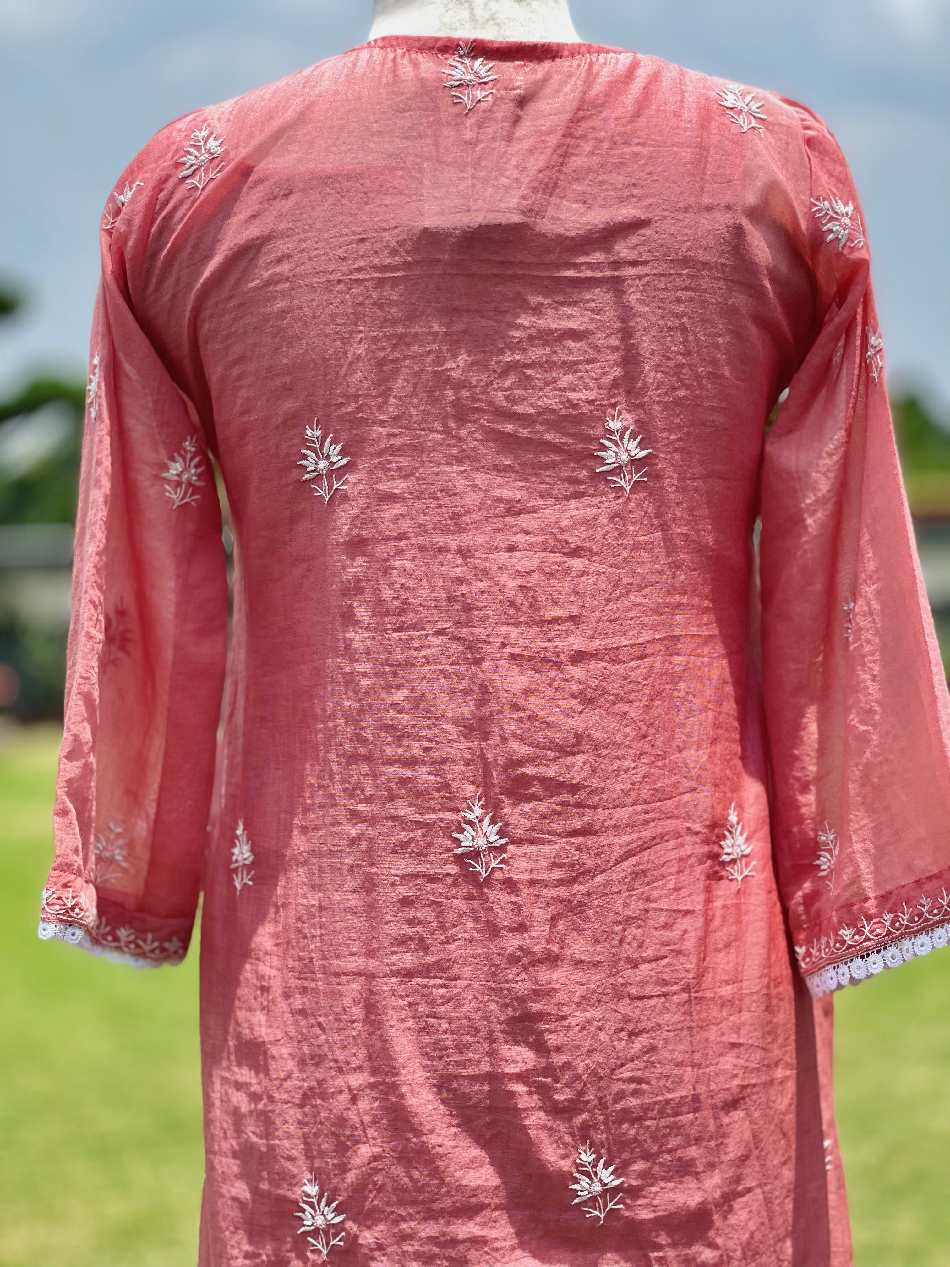 Rosewood Pink Gulnaar Mul Chanderi Kurta Pant Duapatta Set with Ivory Embroidery & Moti Cutdana