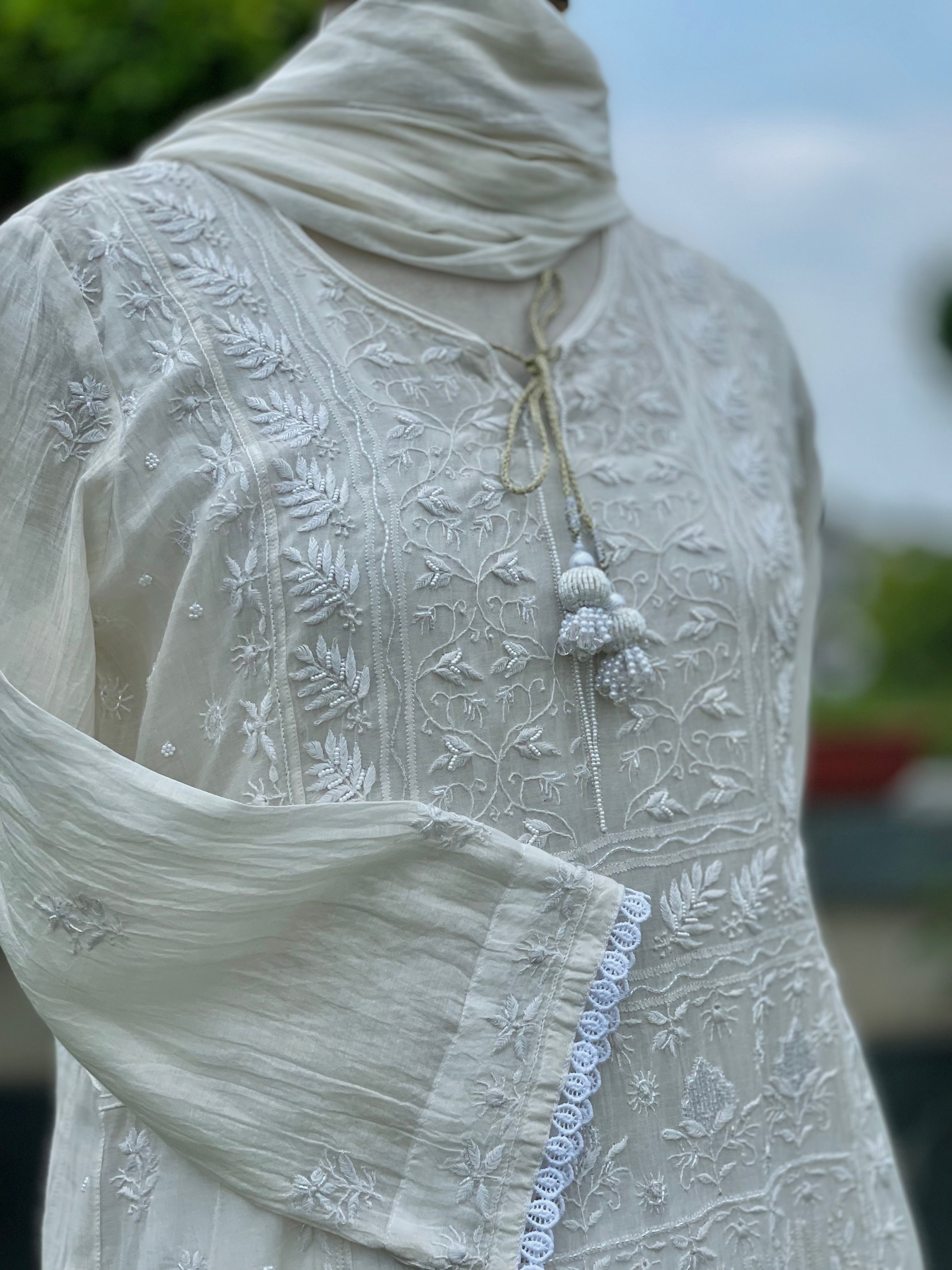 White Chanderi Nabiya Kurta Pant Dupatta with Moti Cutdana