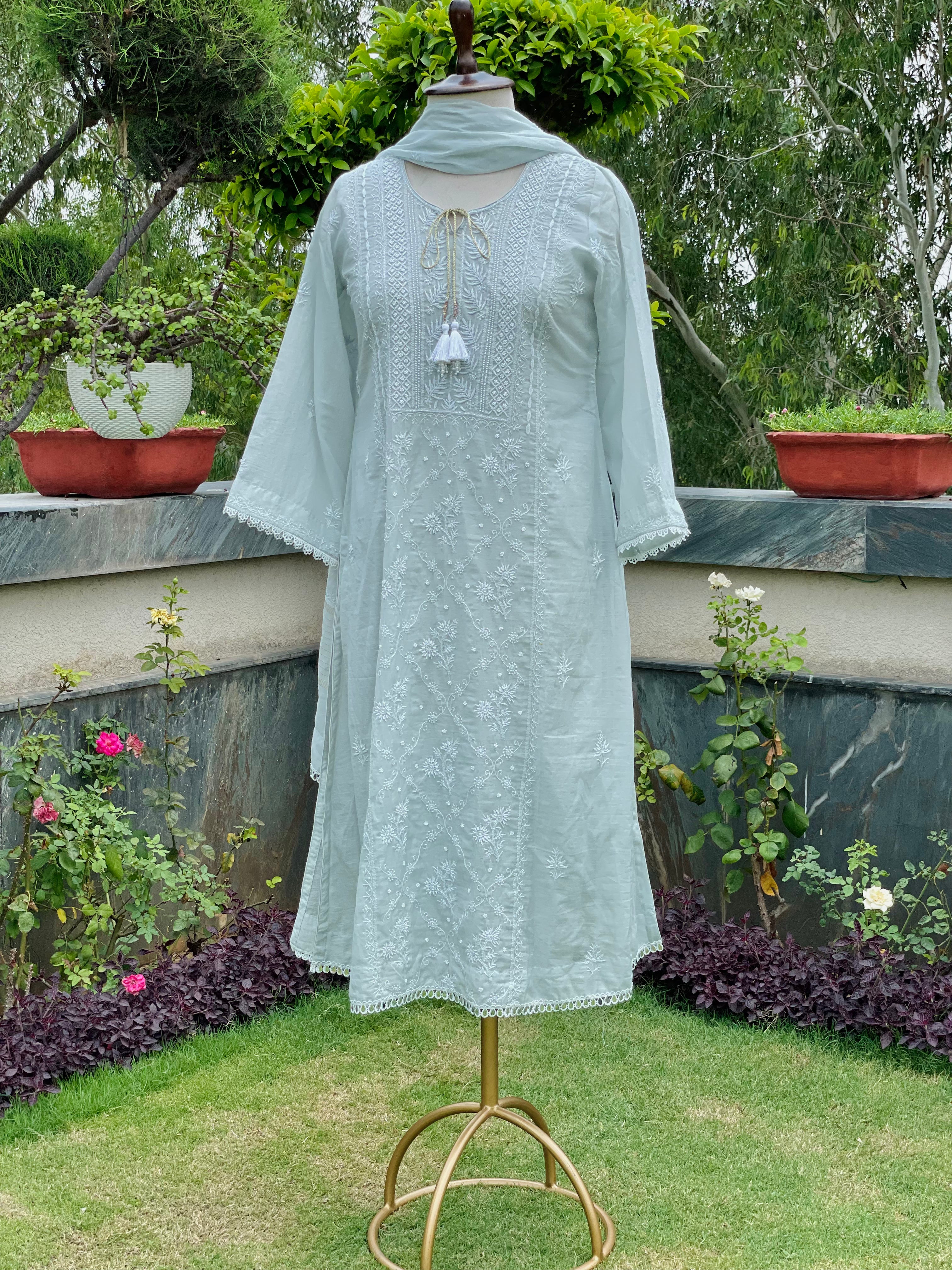 Grey Mul Chanderi Sahar Kurta Pant Dupatta with Moti Cutdana