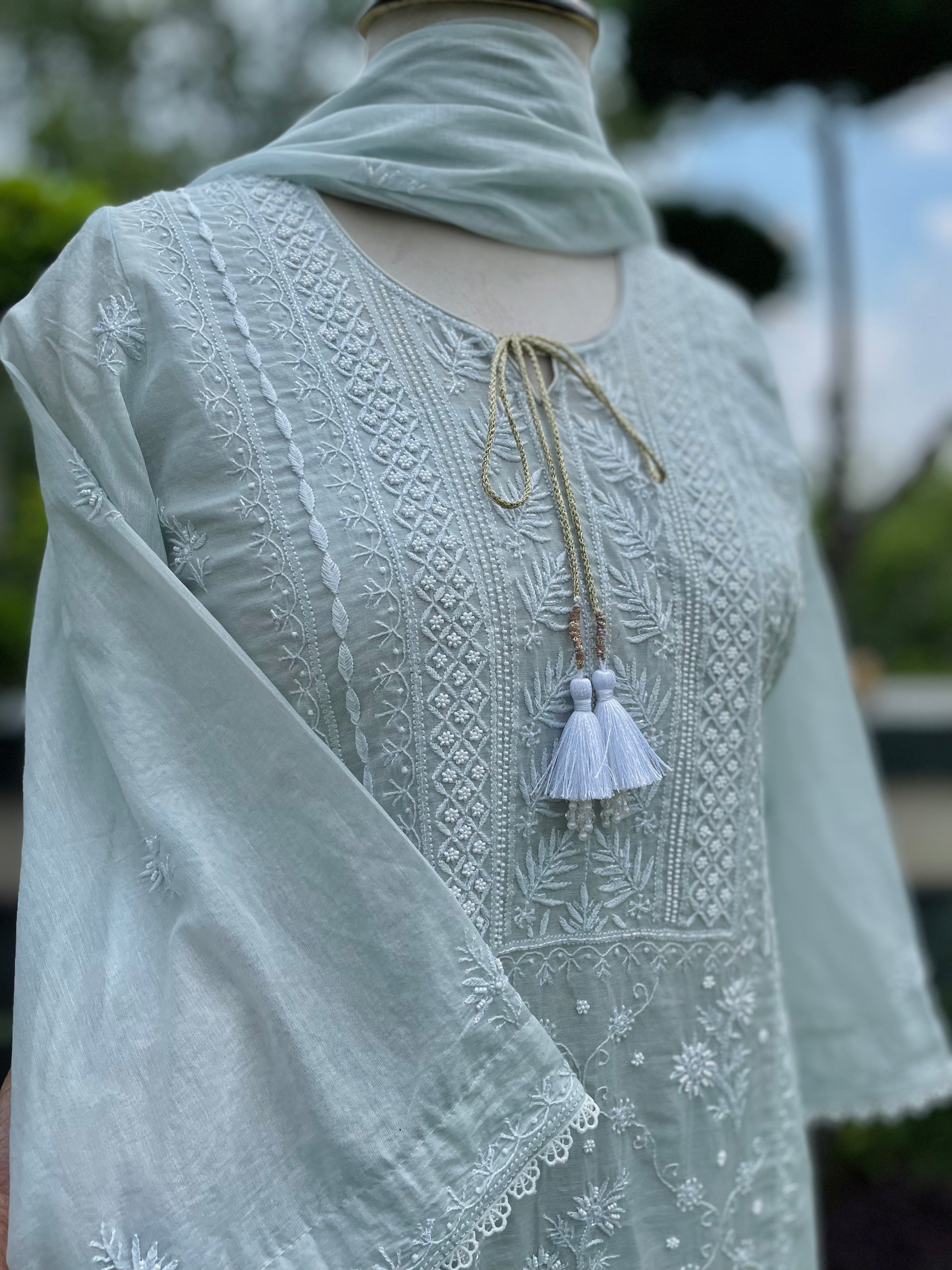 Grey Mul Chanderi Sahar Kurta Pant Dupatta with Moti Cutdana