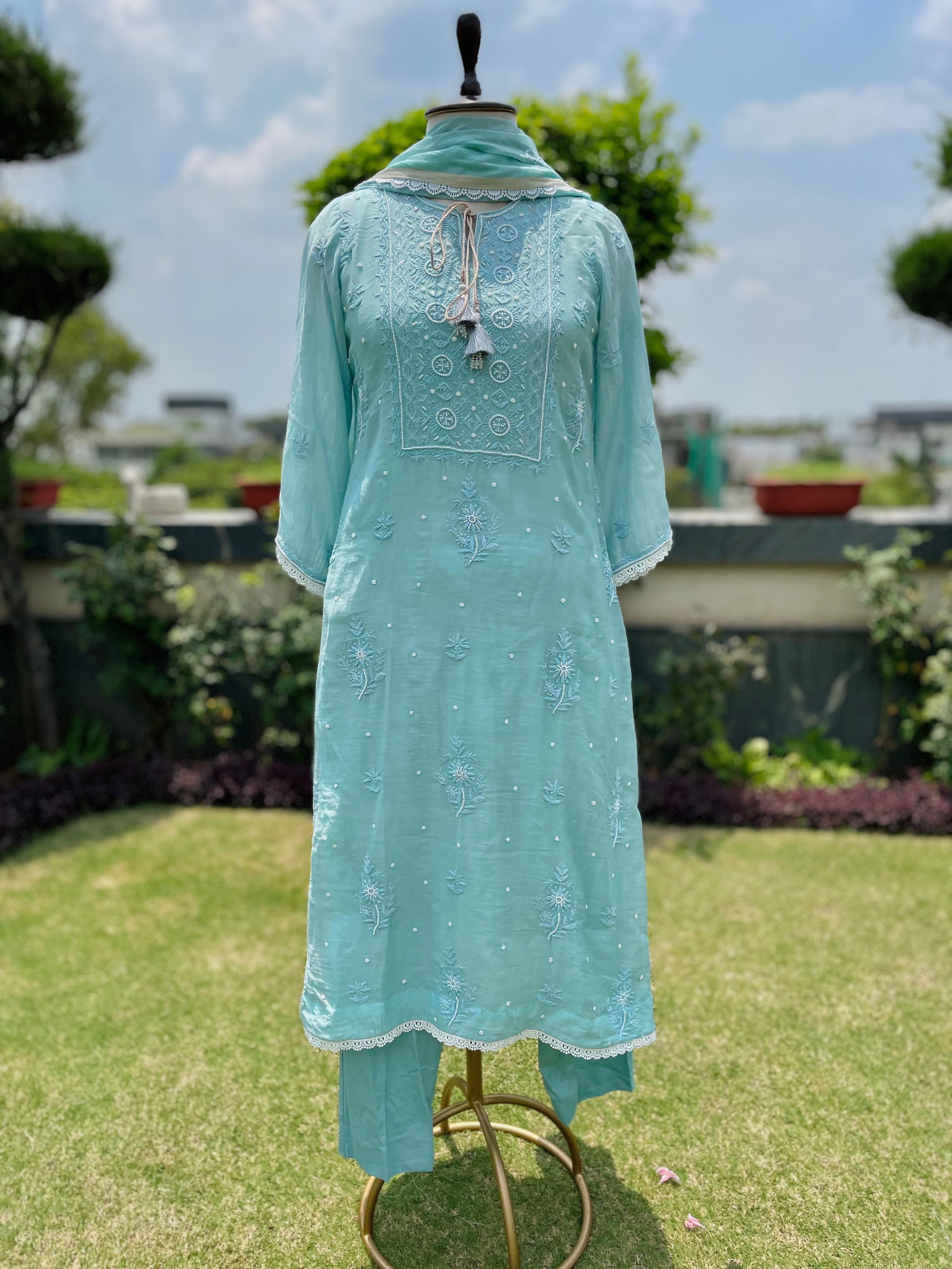 Teal Chanderi Mahinoor Kurta Pant Dupatta with Moti Cutdana