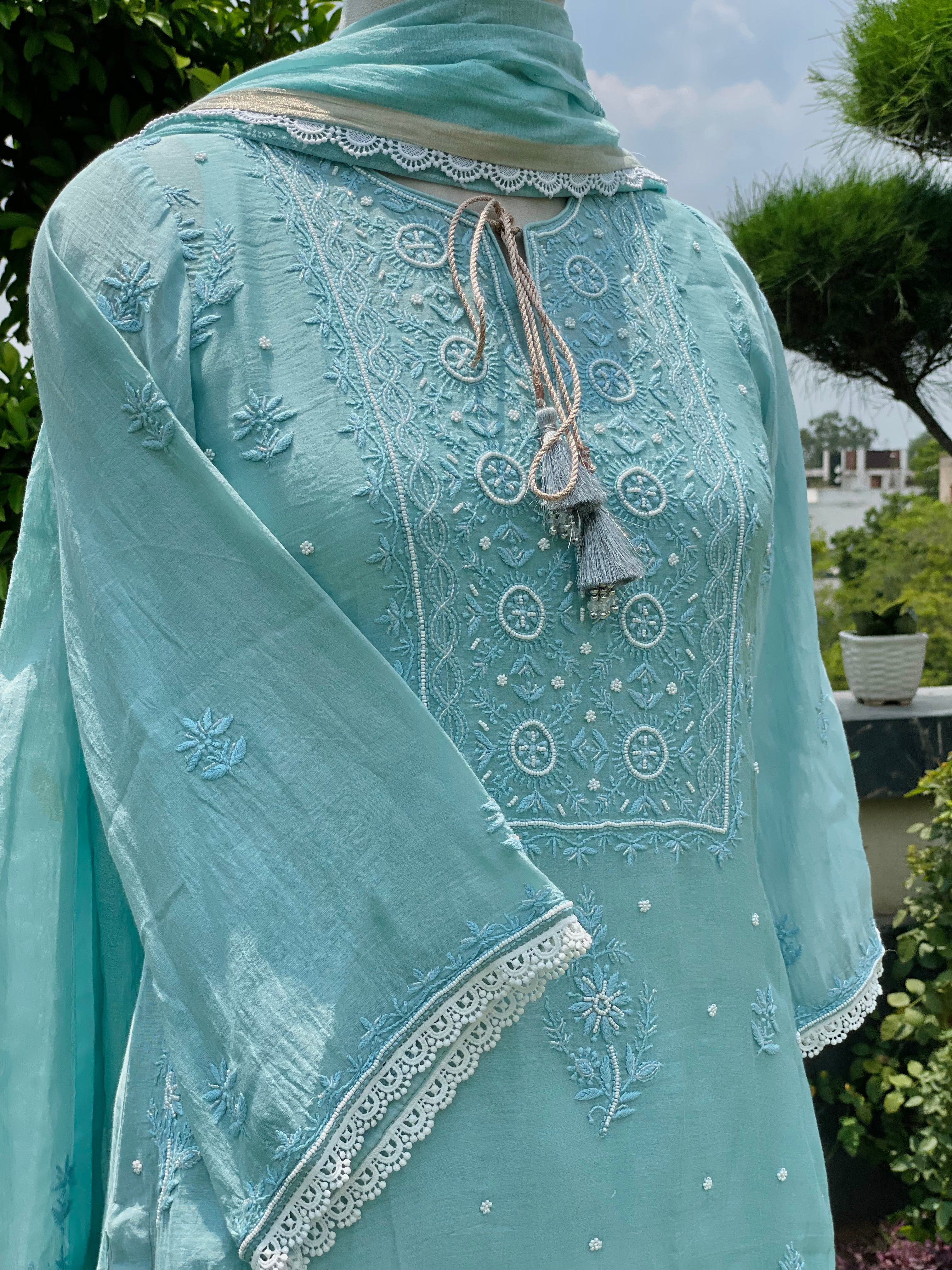 Teal Chanderi Mahinoor Kurta Pant Dupatta with Moti Cutdana