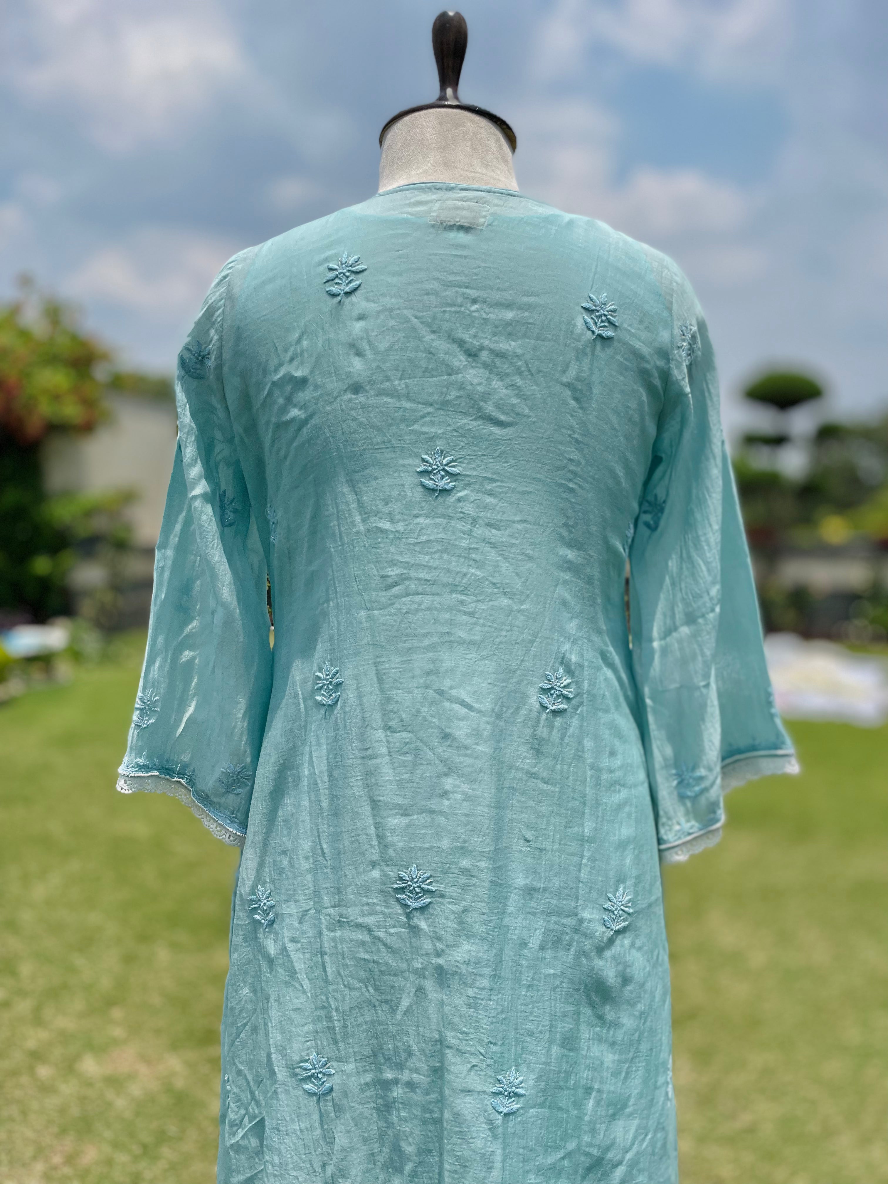 Teal Chanderi Mahinoor Kurta Pant Dupatta with Moti Cutdana