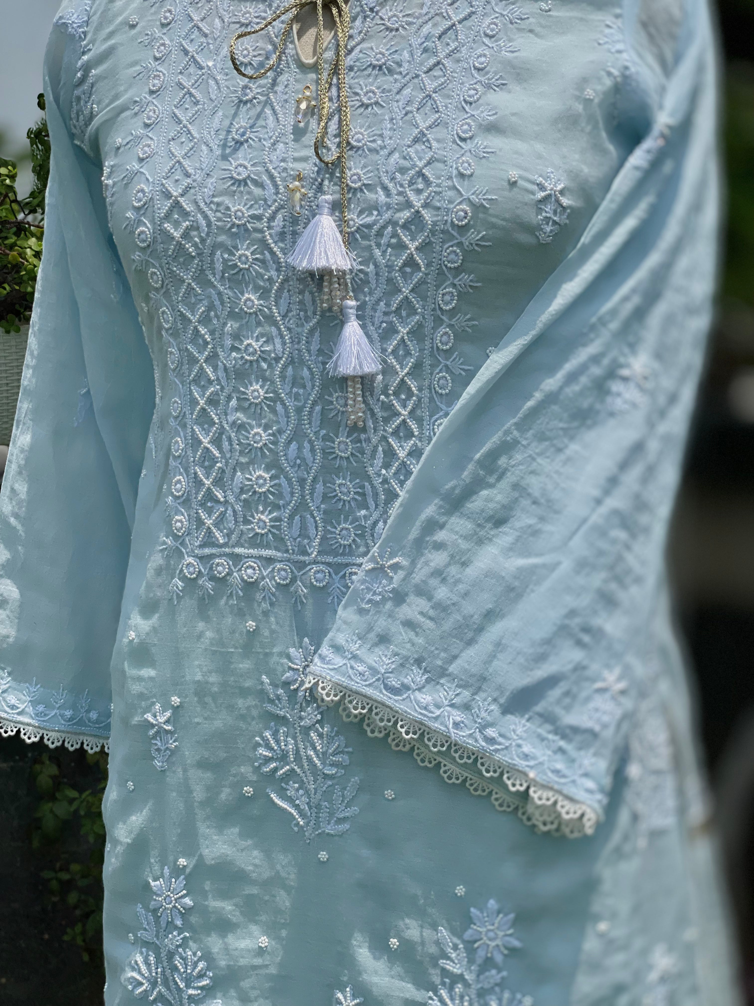 Blue Chanderi Fanna Kurta Pant Dupatta Set with Moti Cut Dana