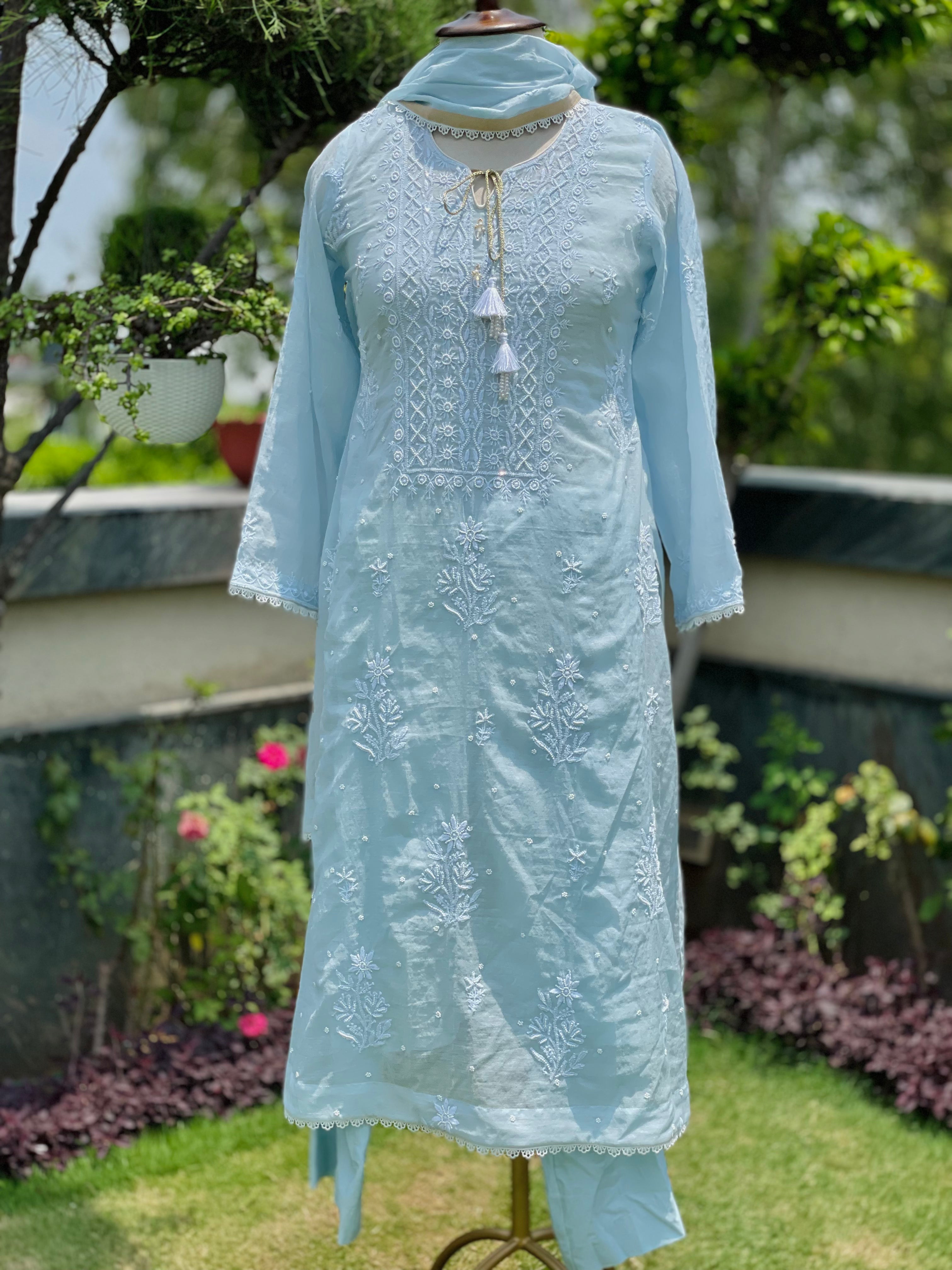Blue Chanderi Fanna Kurta Pant Dupatta Set with Moti Cut Dana