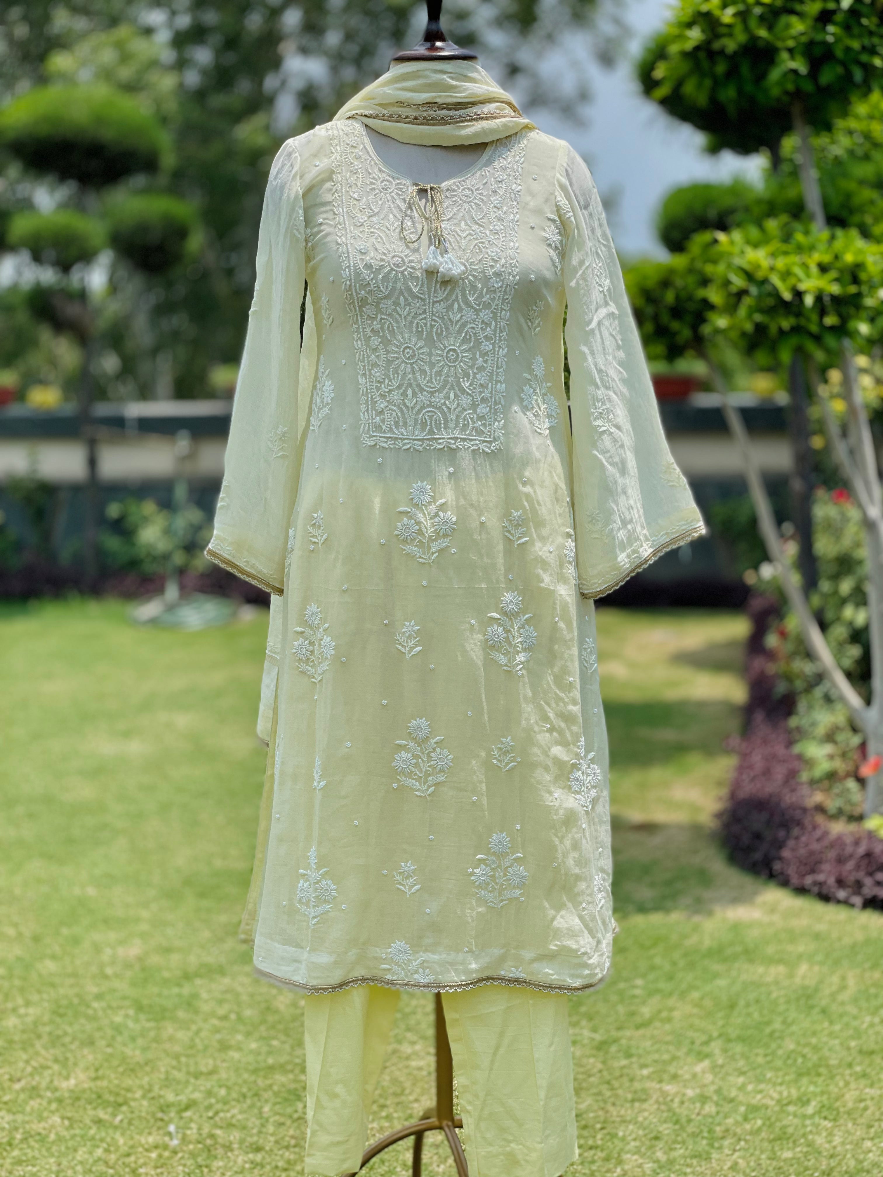 Yellow Chanderi Noorani Kurta Pant Dupatta with Moti Cutdana