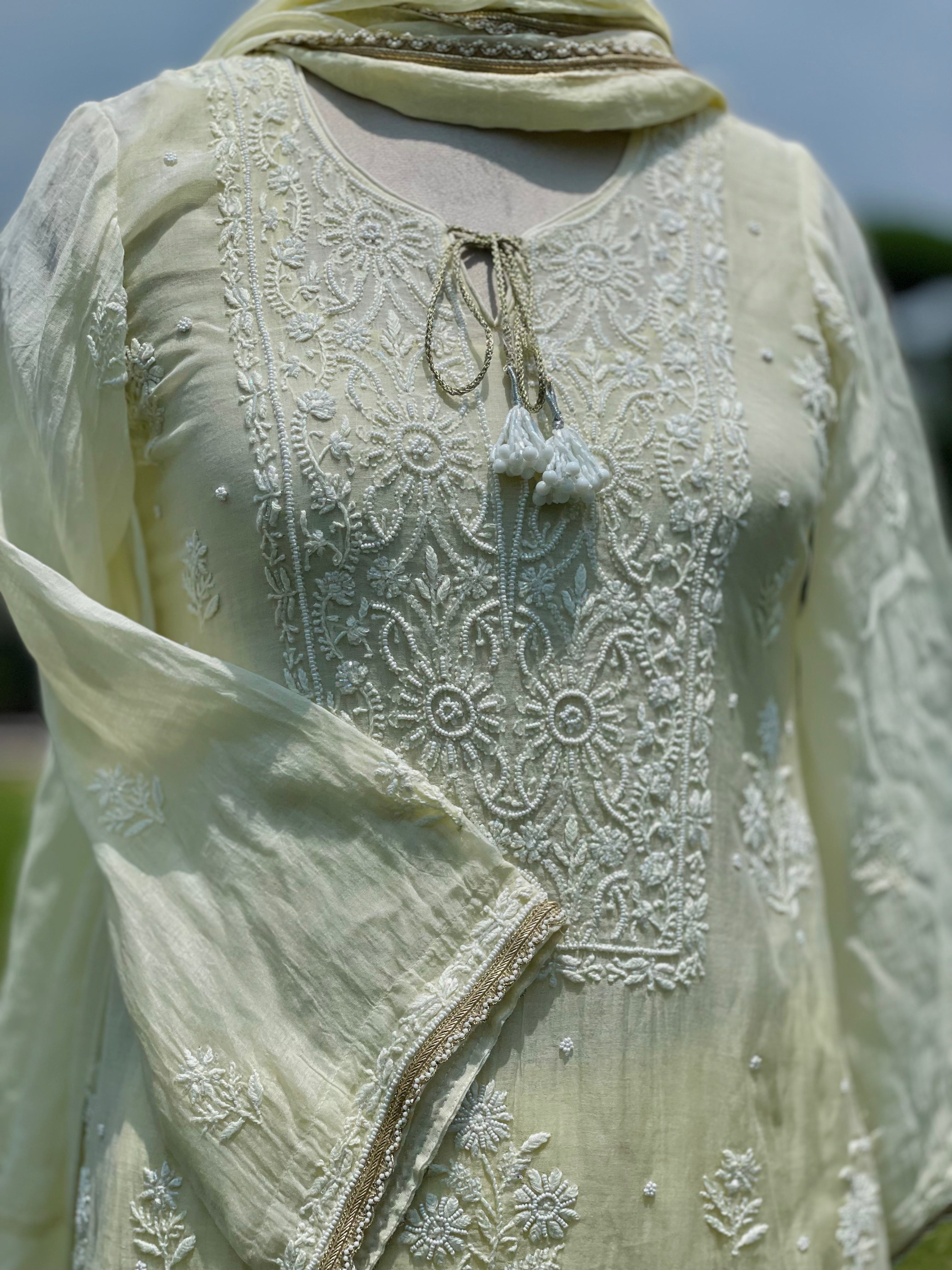 Yellow Chanderi Noorani Kurta Pant Dupatta with Moti Cutdana