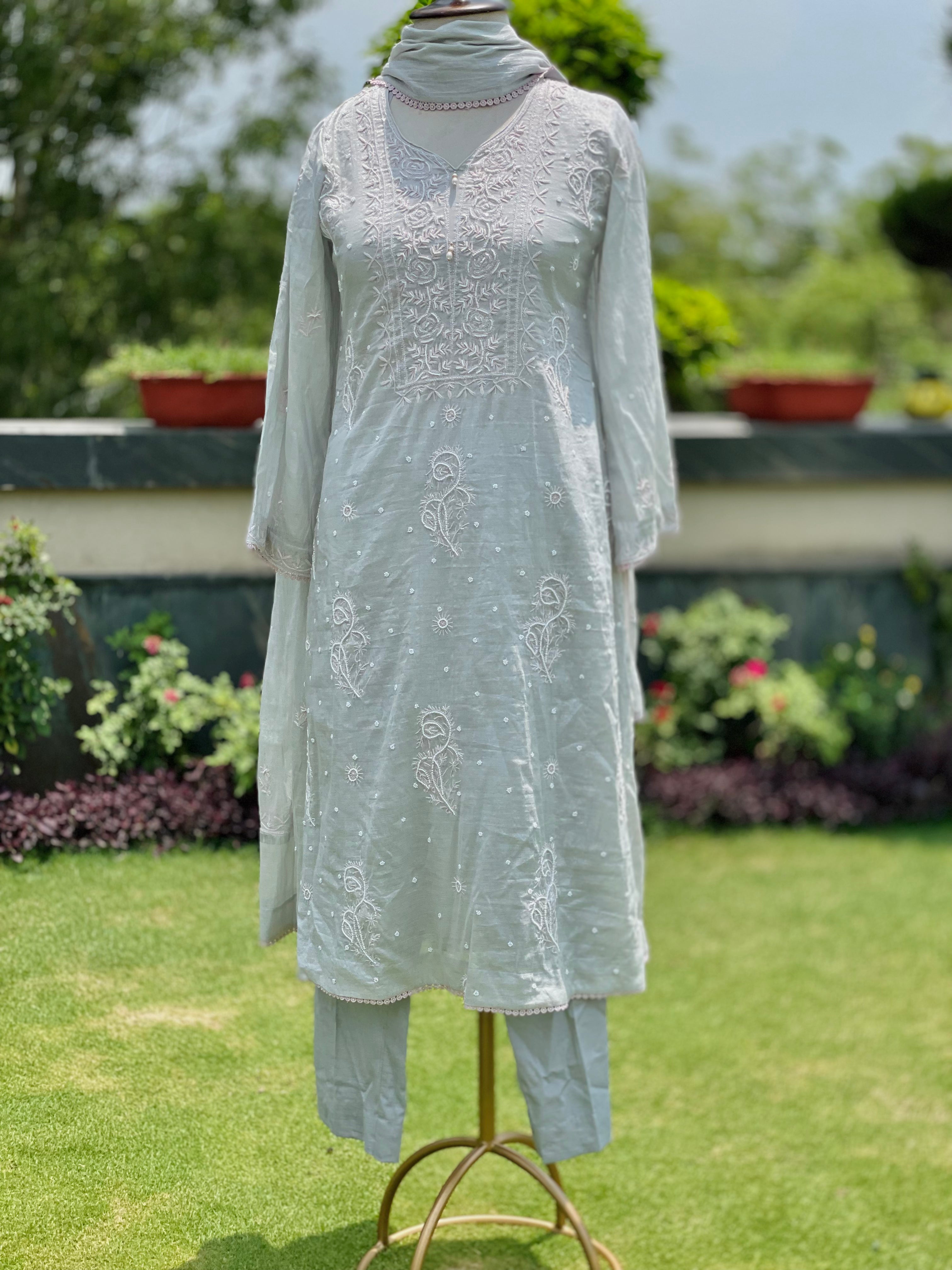 Silver Tissue Chanderi Noorjehan Kurta Pant Dupatta with Moti Cutdana