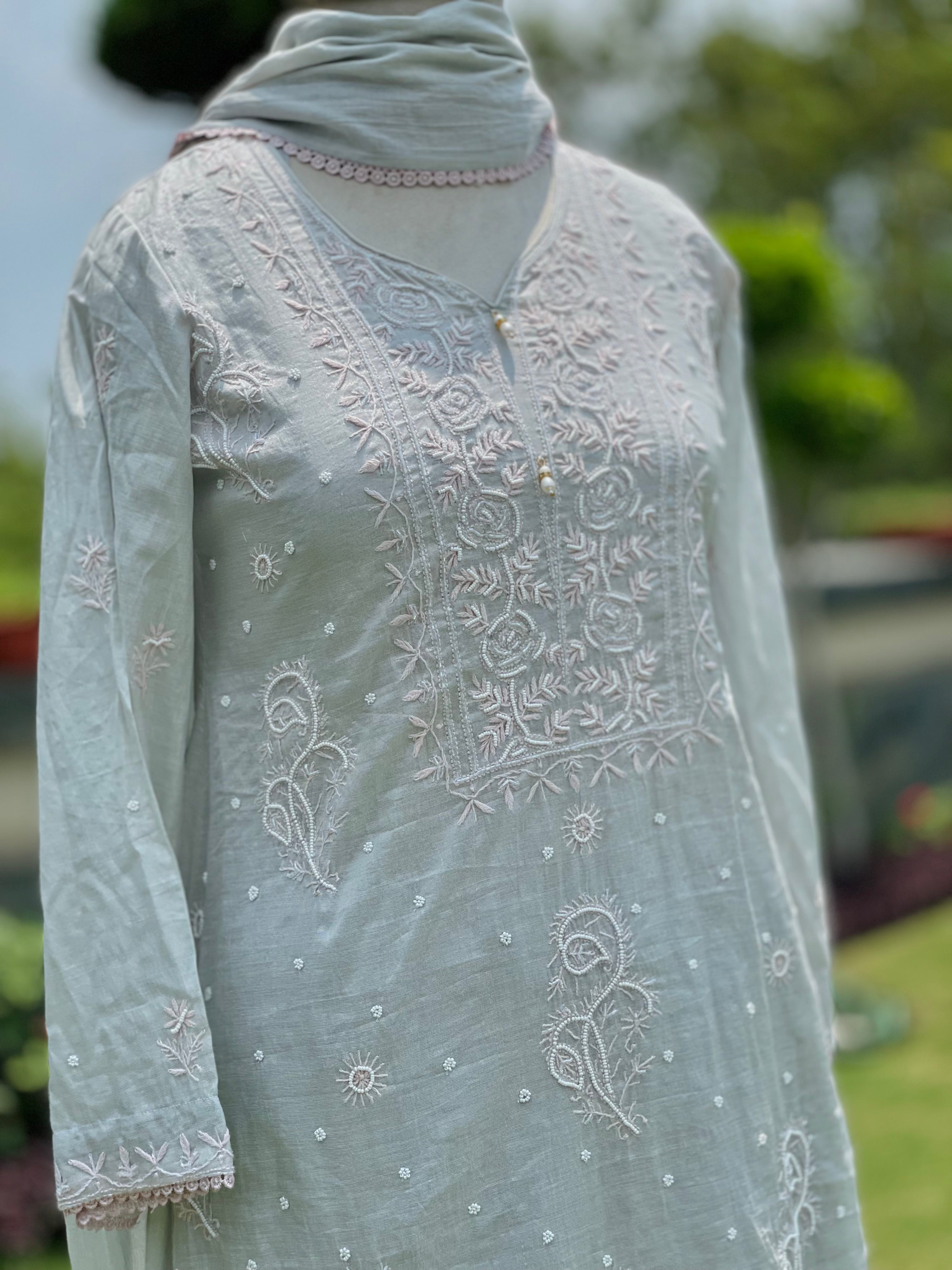 Silver Tissue Chanderi Noorjehan Kurta Pant Dupatta with Moti Cutdana