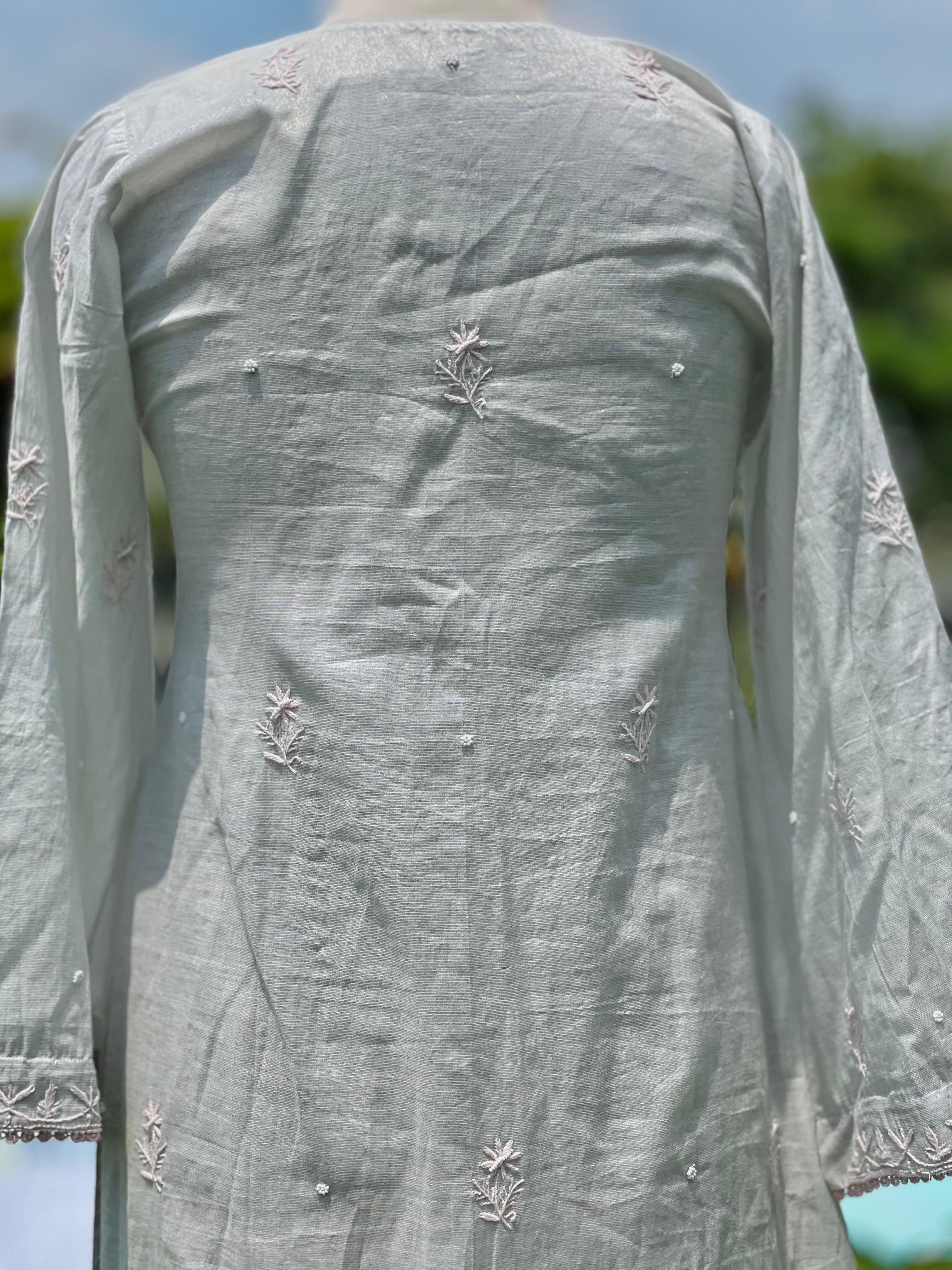 Silver Tissue Chanderi Noorjehan Kurta Pant Dupatta with Moti Cutdana