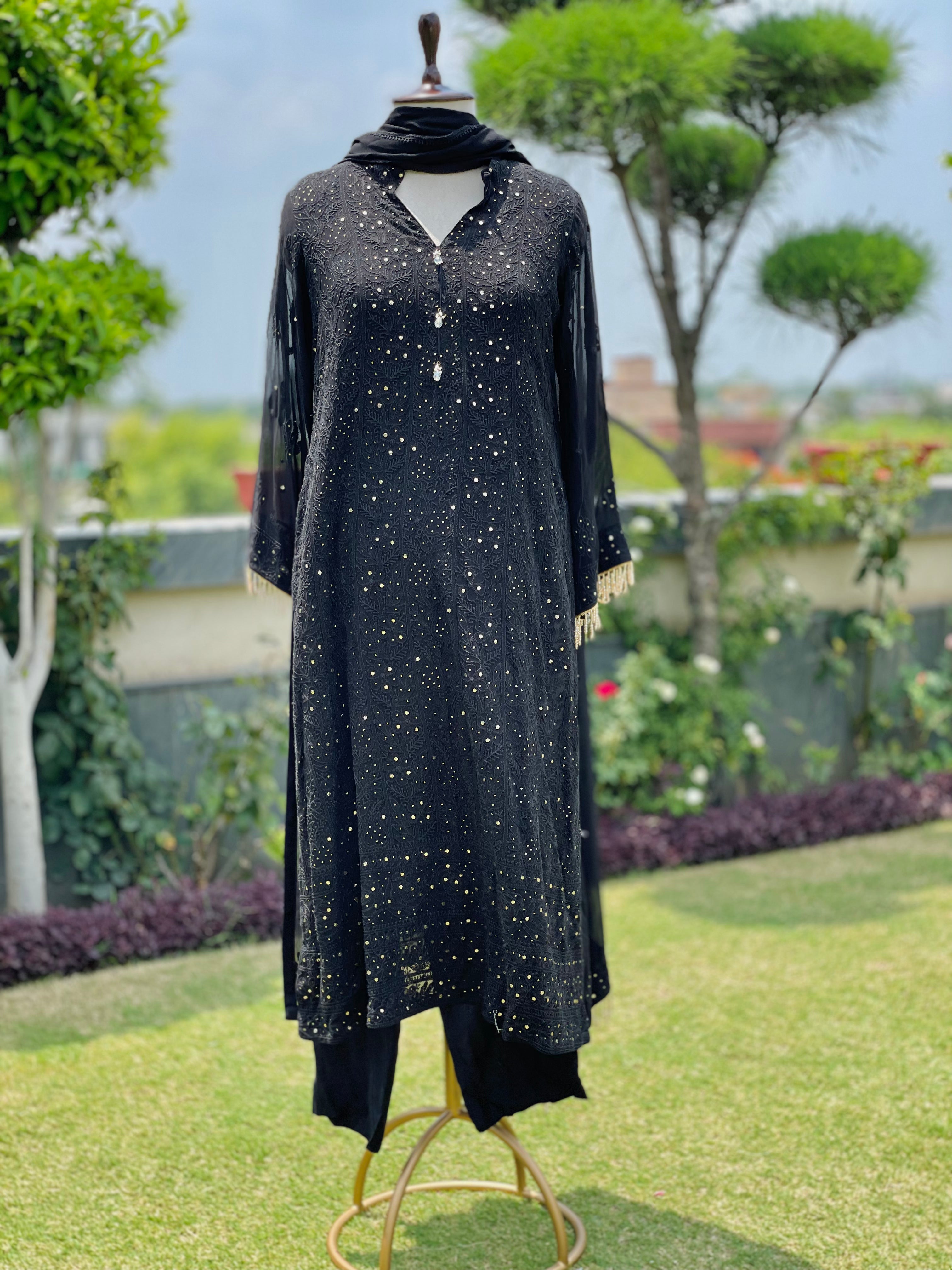Black Pure Georgette Zaib Kurta Pant Dupatta with Mukaish