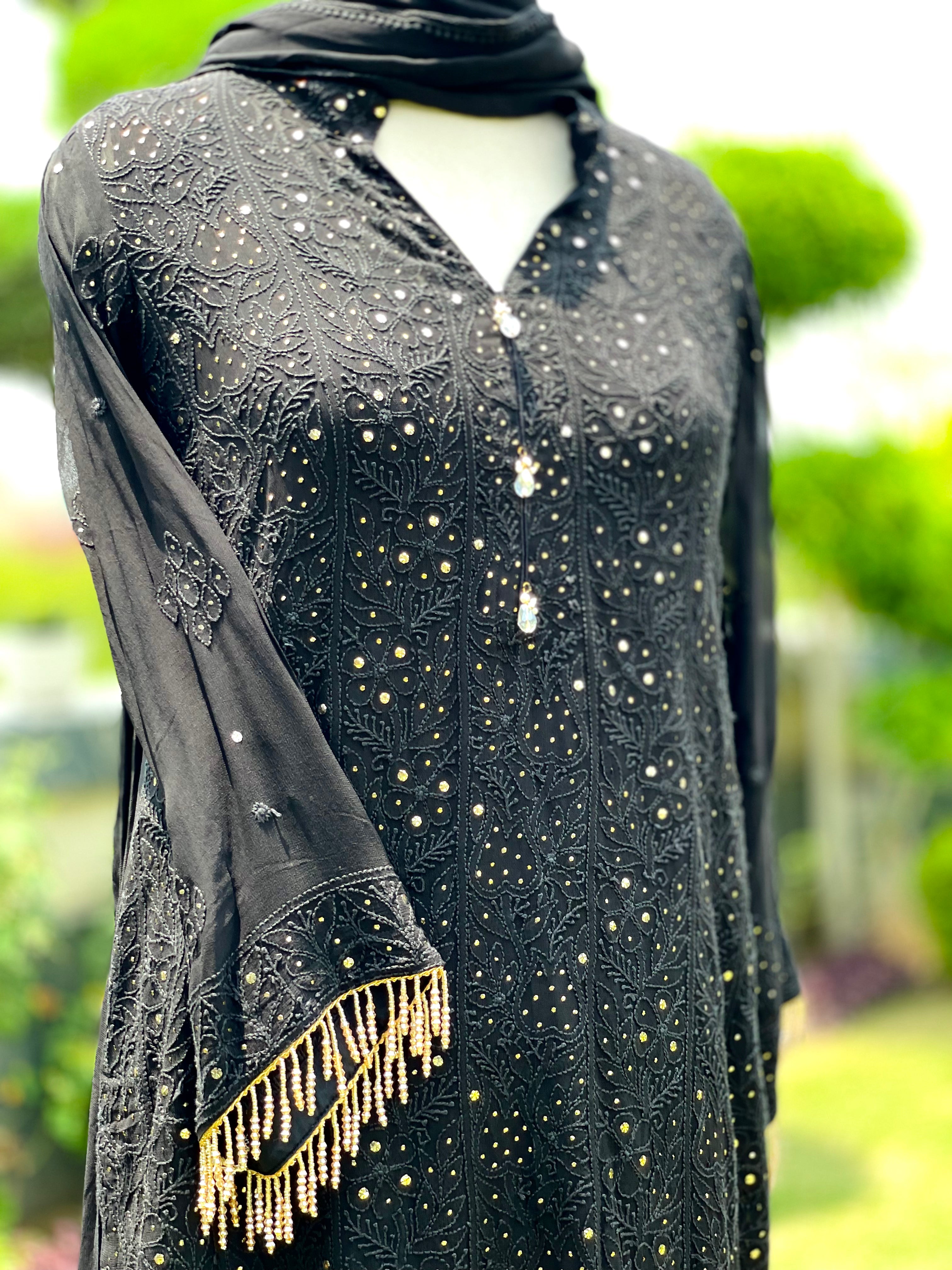 Black Pure Georgette Zaib Kurta Pant Dupatta with Mukaish