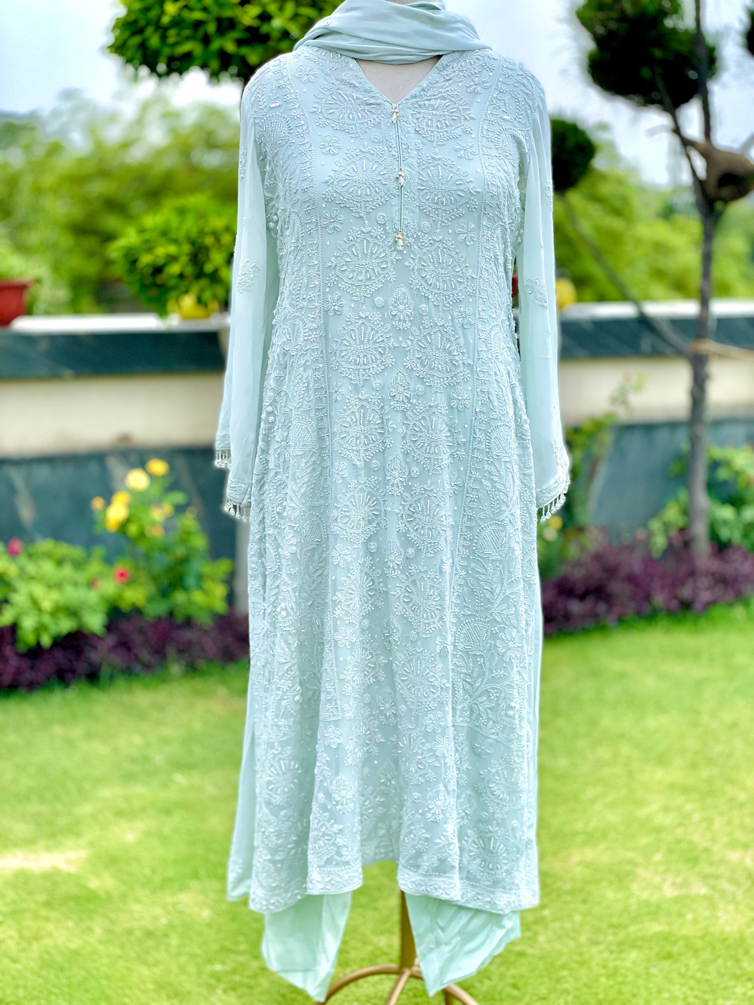 Mint Georgette Nehal Chikankari Kurta Pant Dupatta with Moti Cutdana