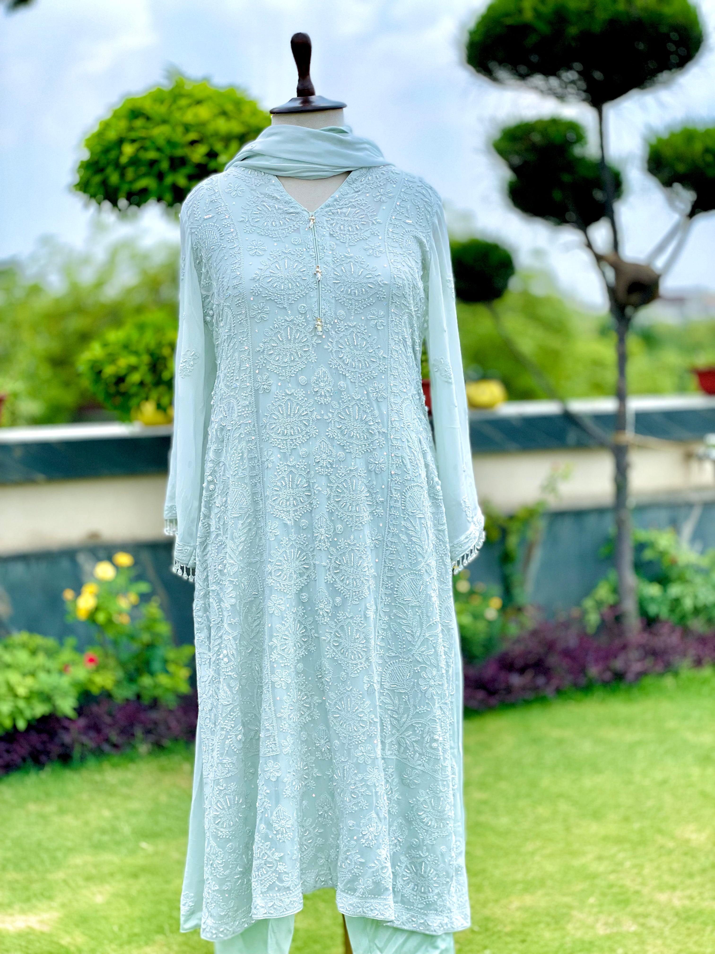 Mint Georgette Nehal Chikankari Kurta Pant Dupatta with Moti Cutdana