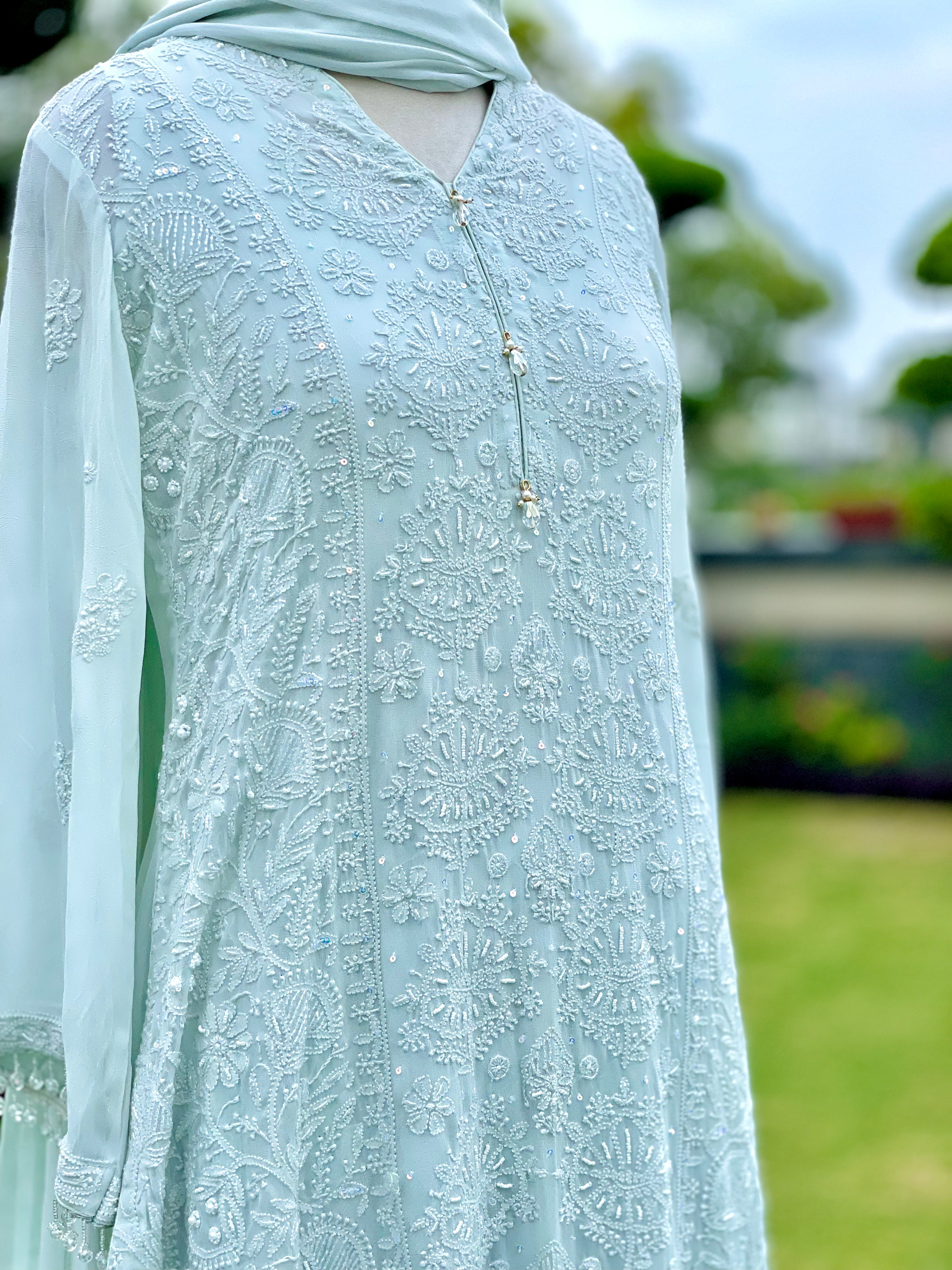 Mint Georgette Nehal Chikankari Kurta Pant Dupatta with Moti Cutdana