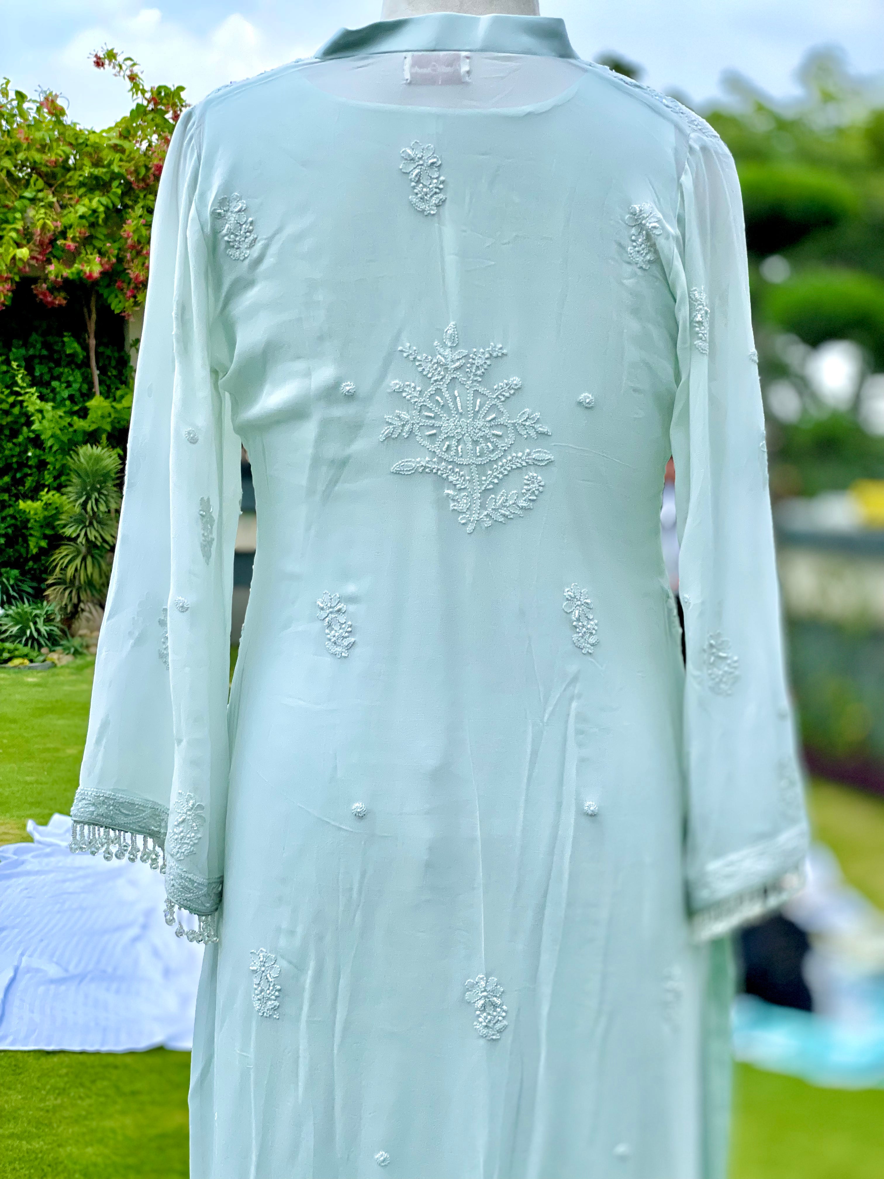 Mint Georgette Nehal Chikankari Kurta Pant Dupatta with Moti Cutdana