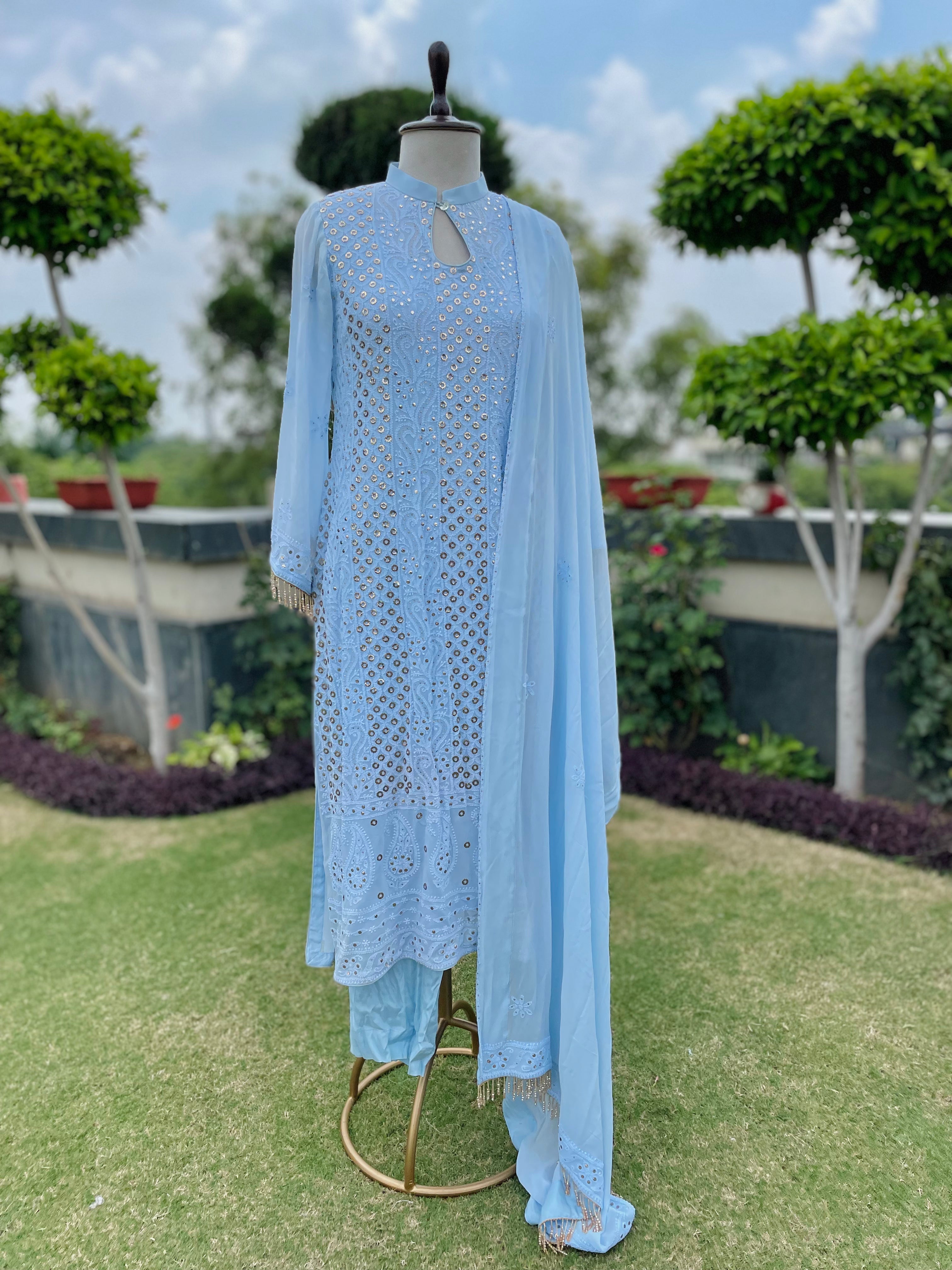 Blue Georgette Falak Kurta Pant Dupatta Set with Mukaish