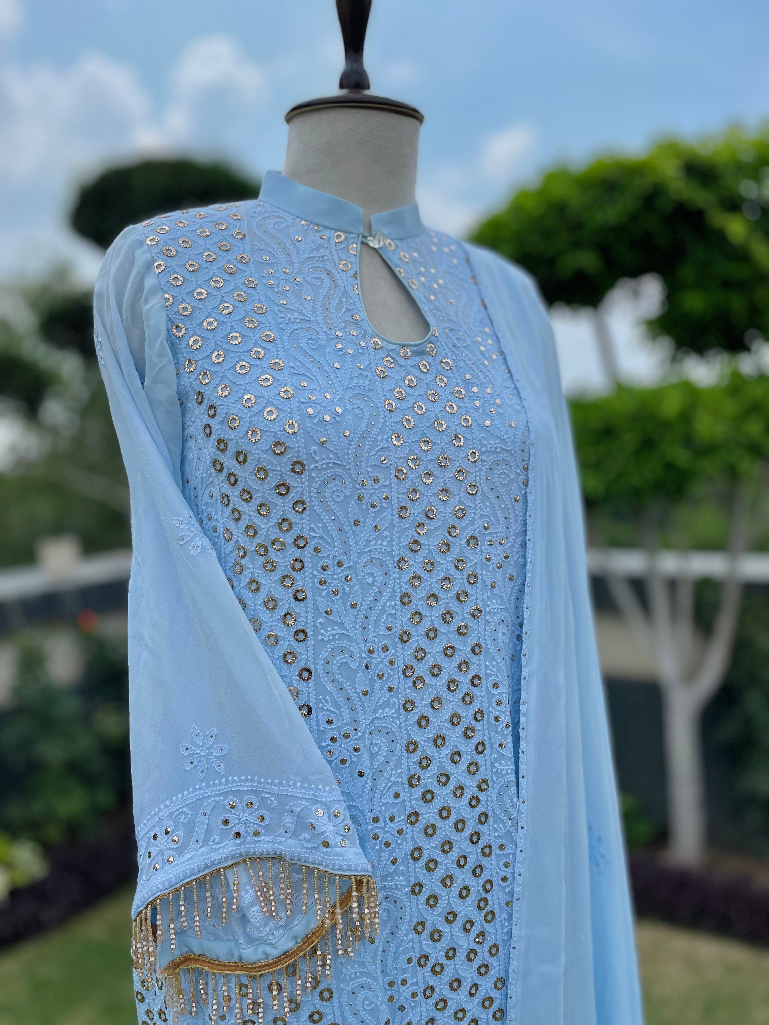 Blue Georgette Falak Kurta Pant Dupatta Set with Mukaish