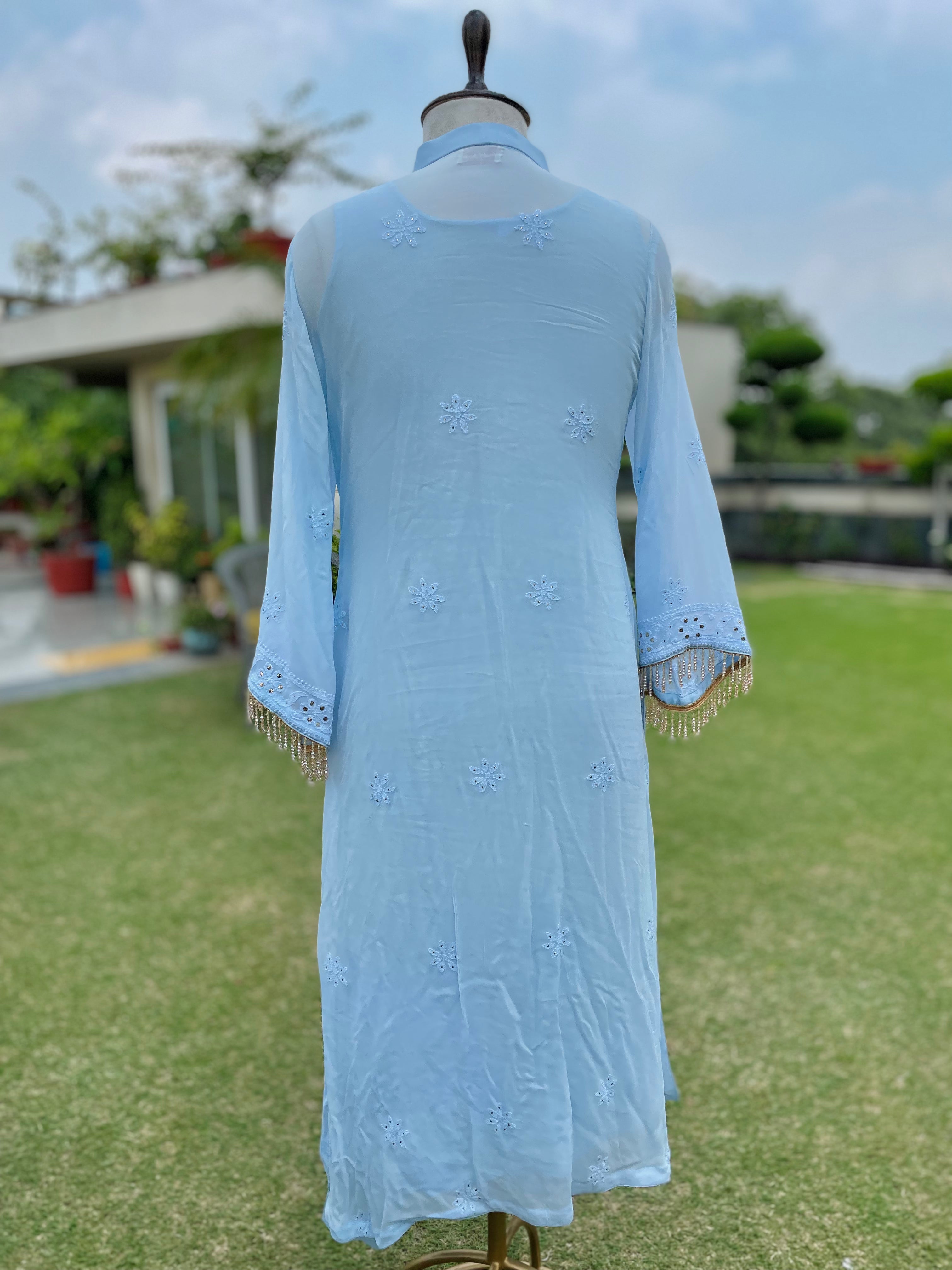 Blue Georgette Falak Kurta Pant Dupatta Set with Mukaish